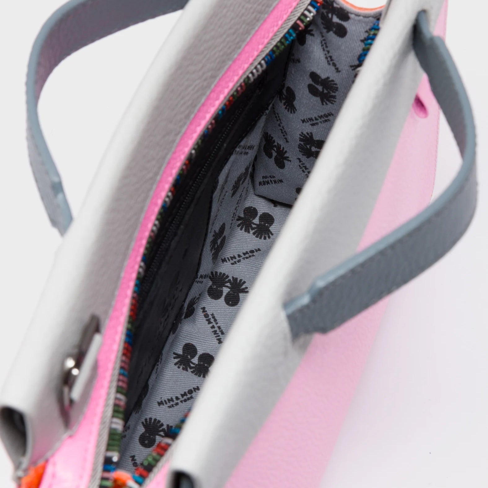 Vali Crossbody Soft Neon Pink and Moonwalk Gray - All Over Eyes Embroidery - Inside View