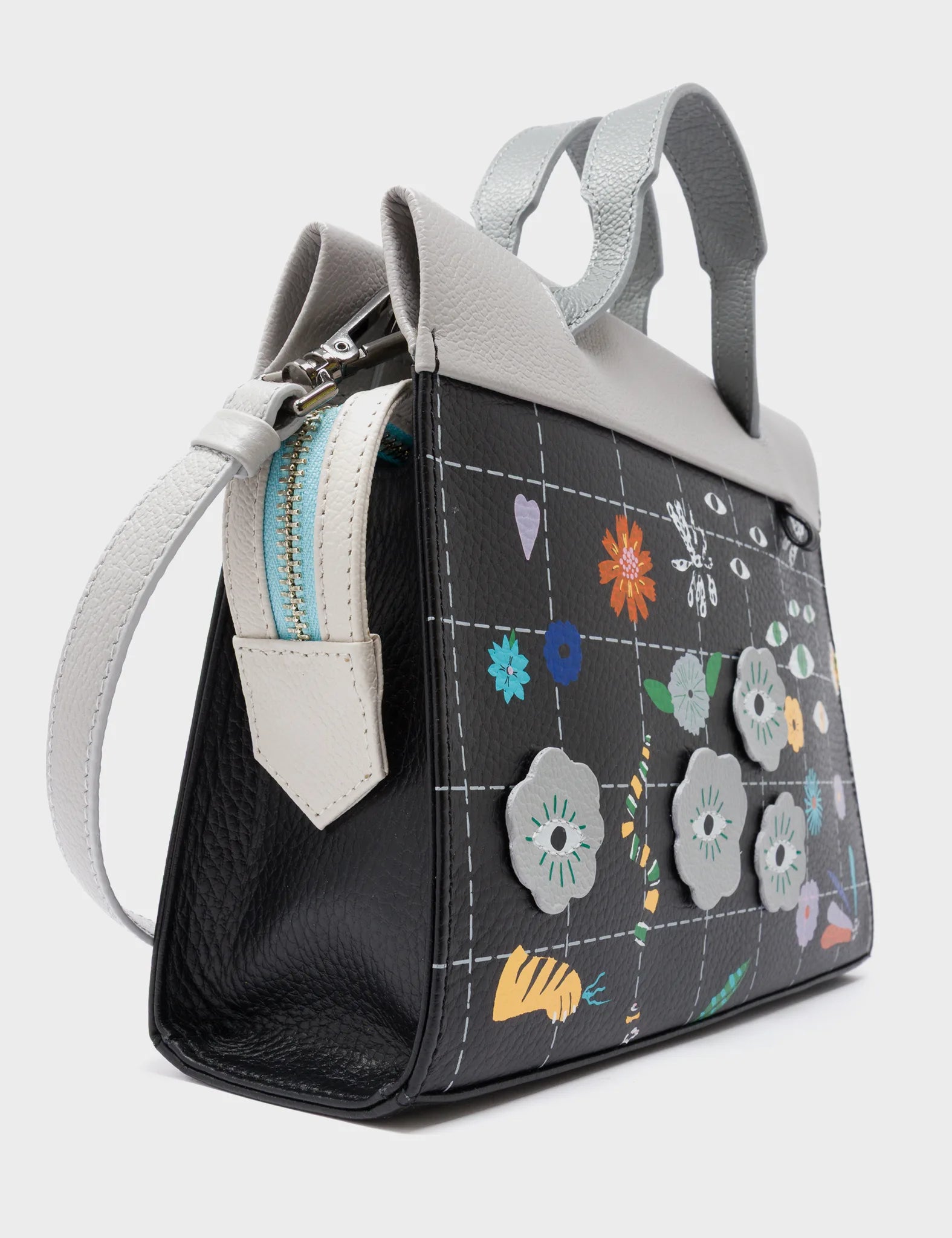 Vali Crossbody Black Leather Bag - Floralia Design - Side View