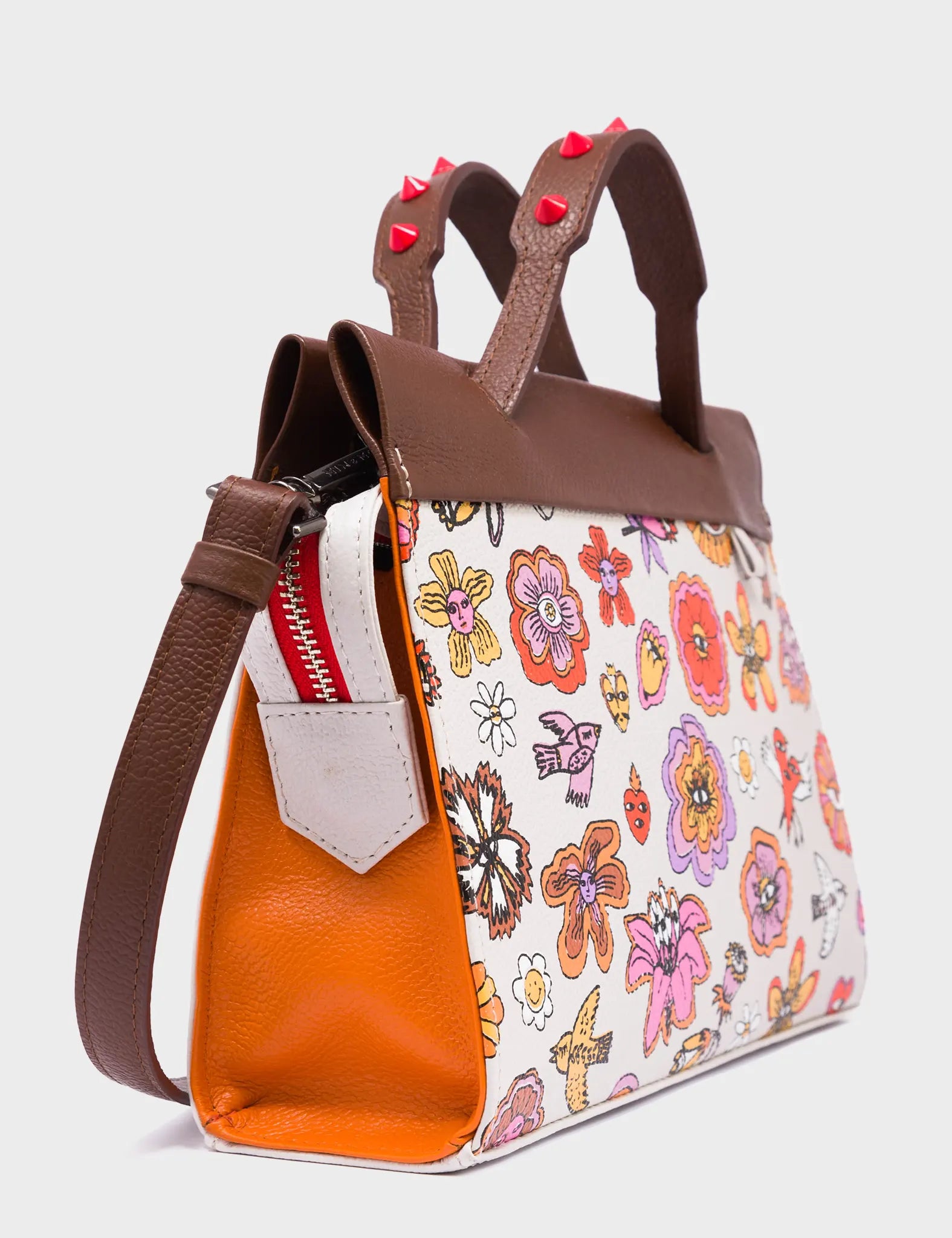 Vali Small Crossbody Cream and Moca Brown Leather Bag - Vintage Bloom Print - Side View