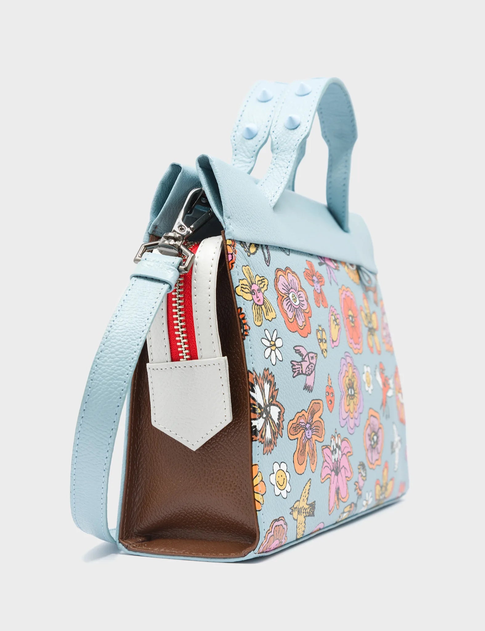 Vali Small Crossbody Sterling Blue and Brown Leather Bag - Floral Vintage Print - Side Corner View