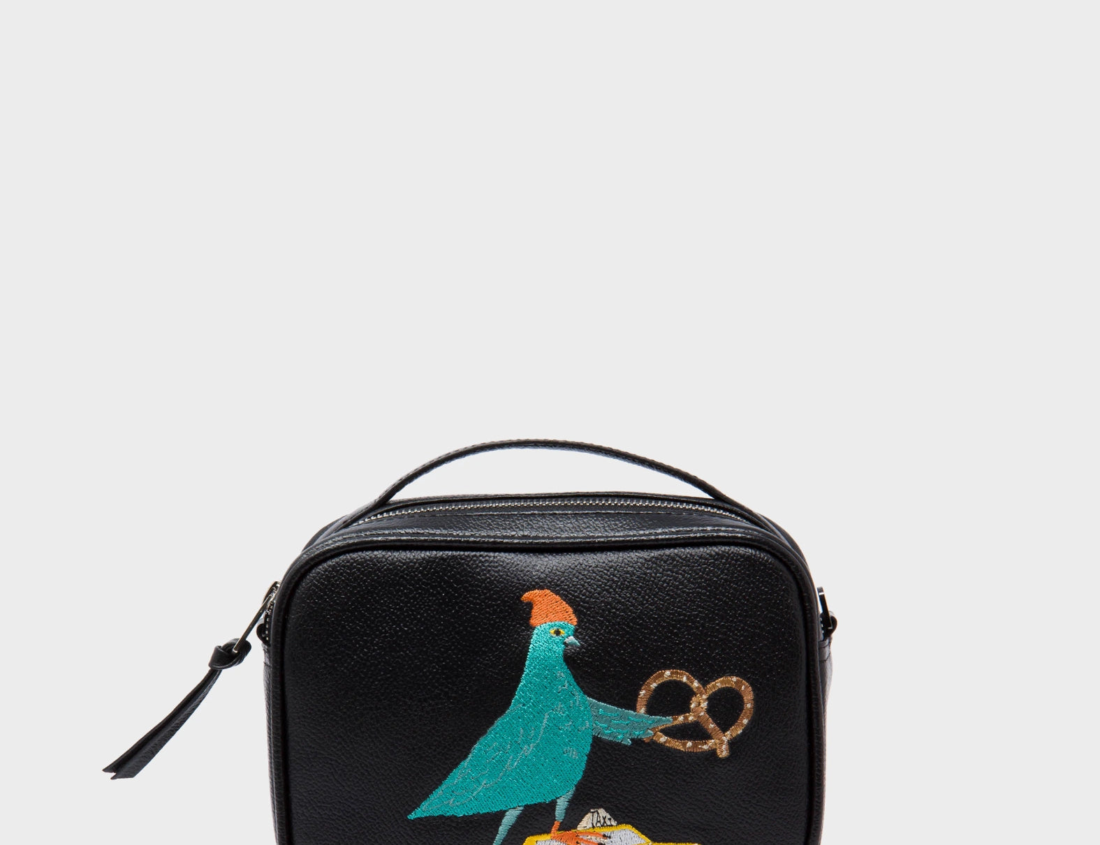 Verto Black Leather Crossbody Bag - Urban Pigeon Embroidery - Front View