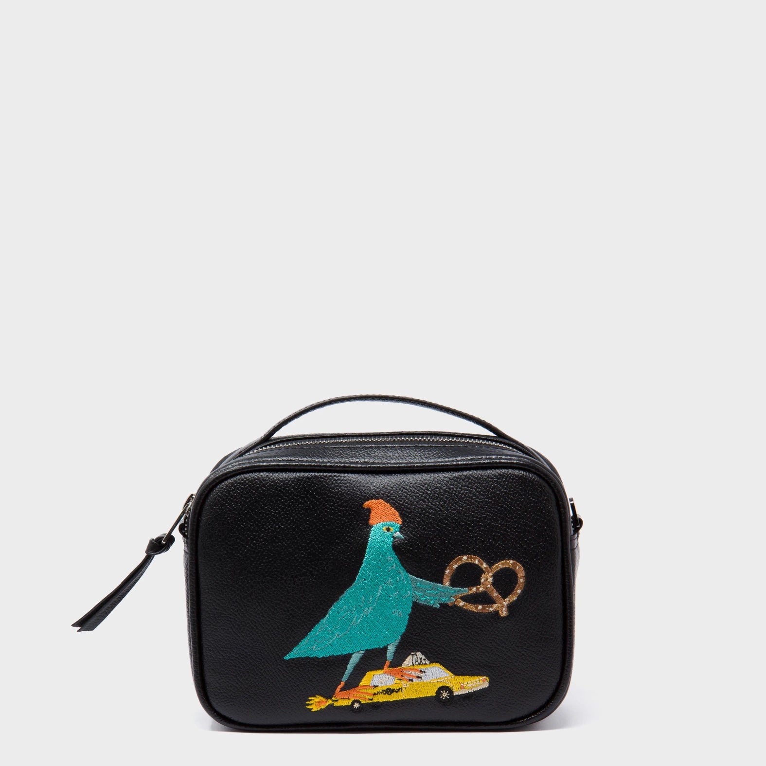 Verto Black Leather Crossbody Bag - Urban Pigeon Embroidery - Front View