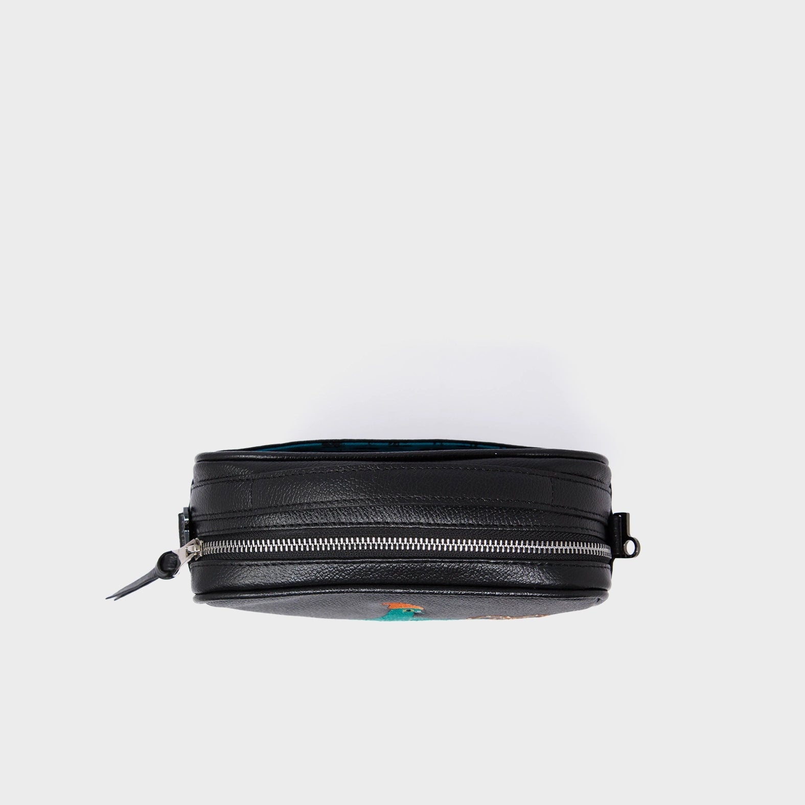 Verto Black Leather Crossbody Bag - Urban Pigeon Embroidery - Top View