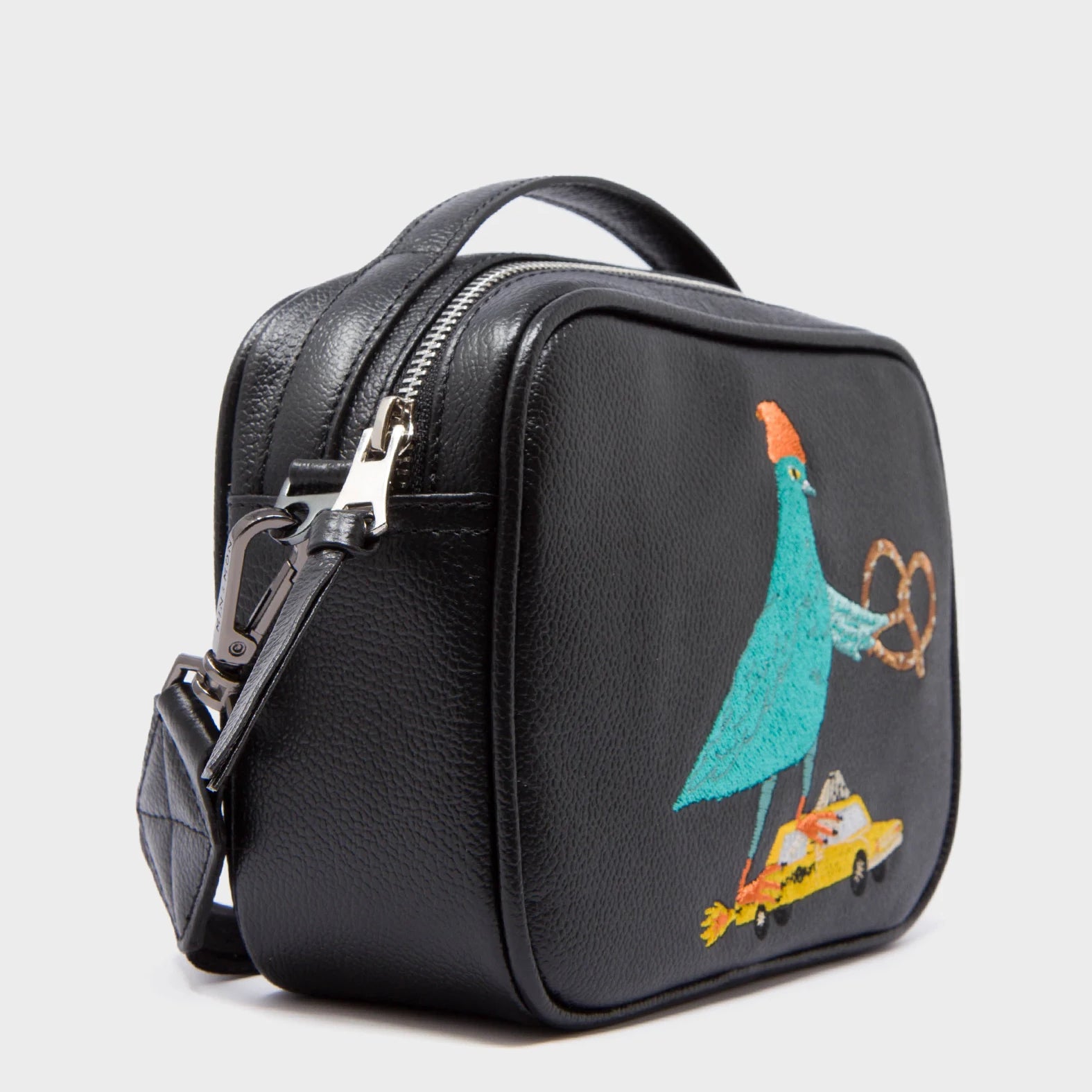 Verto Black Leather Crossbody Bag - Urban Pigeon Embroidery - Side View