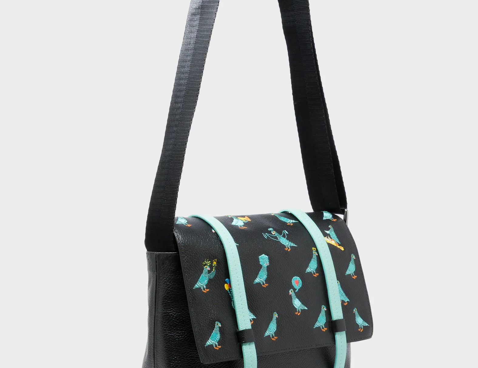 Victor Black Small Messenger Bag - Pigeonista Embroidery - Main View