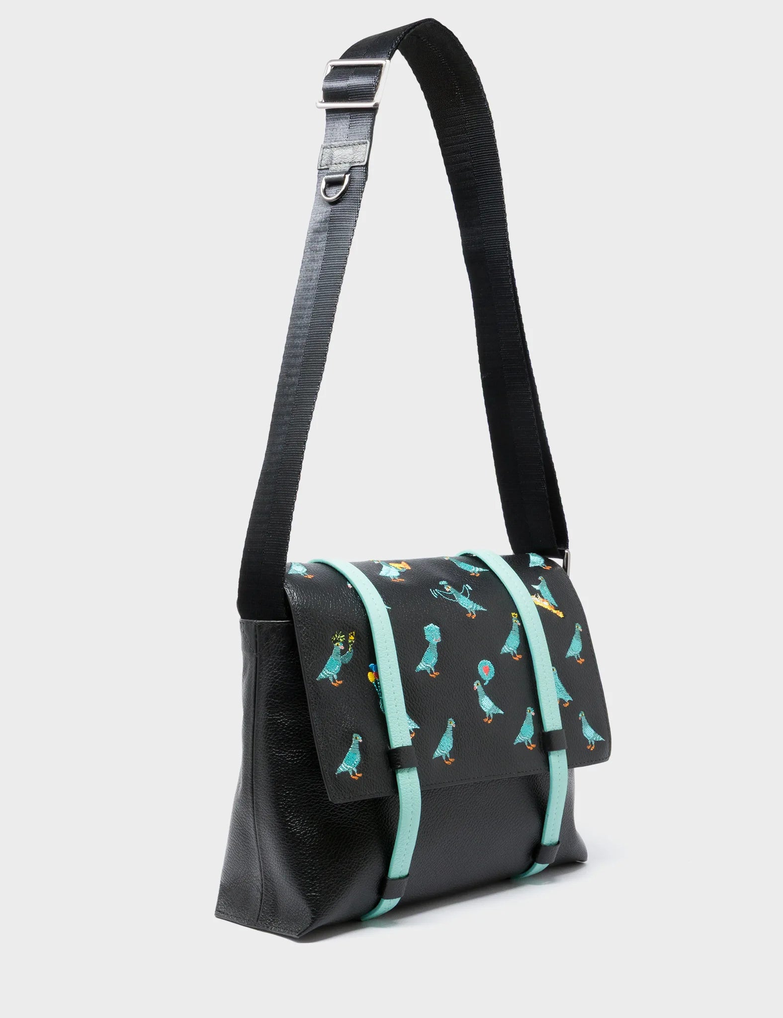 Victor Black Small Messenger Bag - Pigeonista Embroidery - Main View
