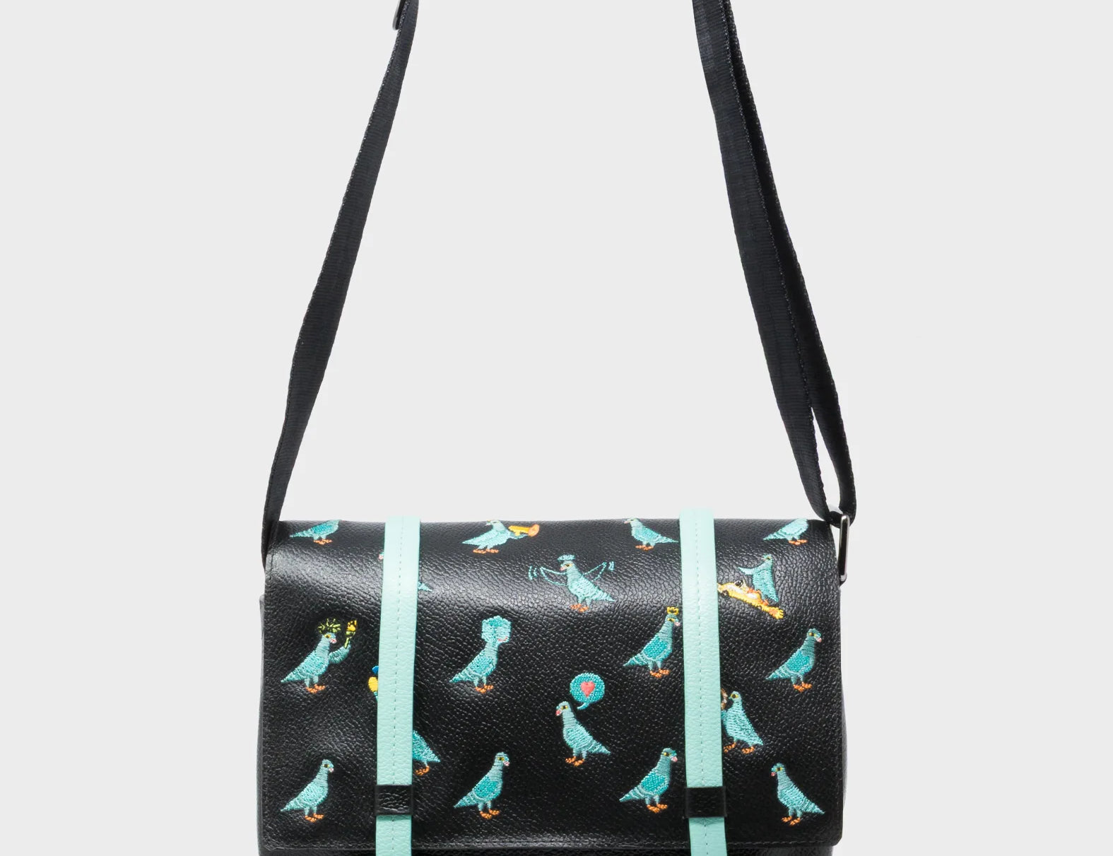 Victor Black Small Messenger Bag - Pigeonista Embroidery - Front View