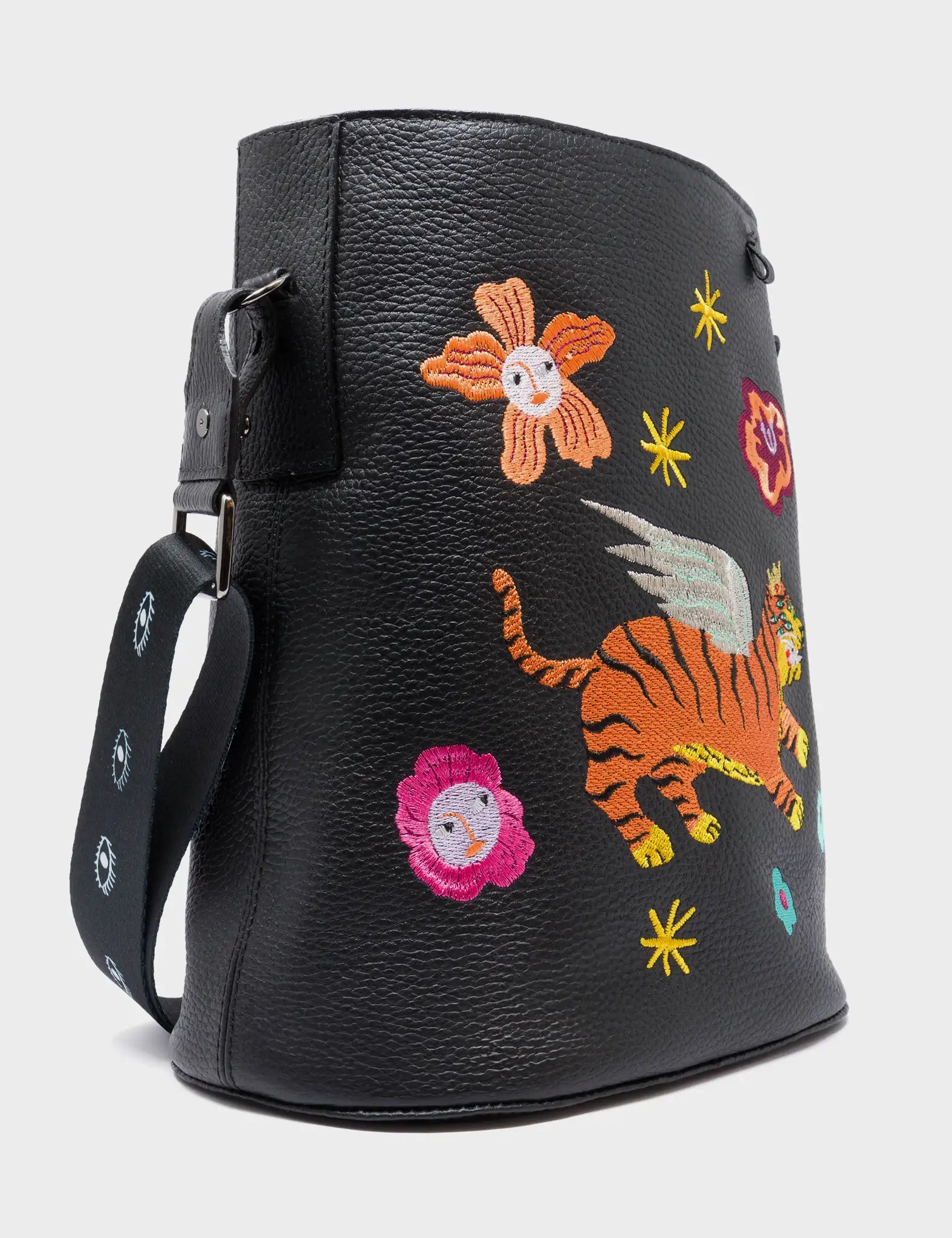 Vincent Black Leather Shoulder Bag - Creatures of the Future Design - Side View