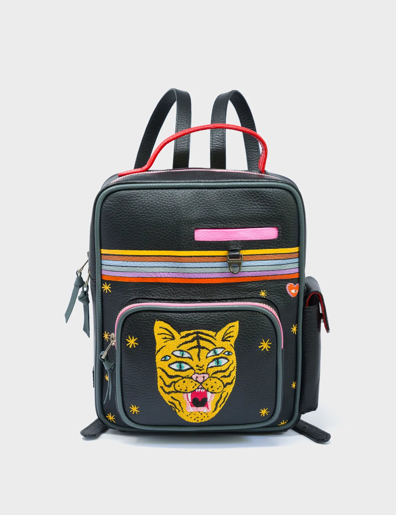 Ilan Black Leather Backpack - Happy Tiger Design - Front View