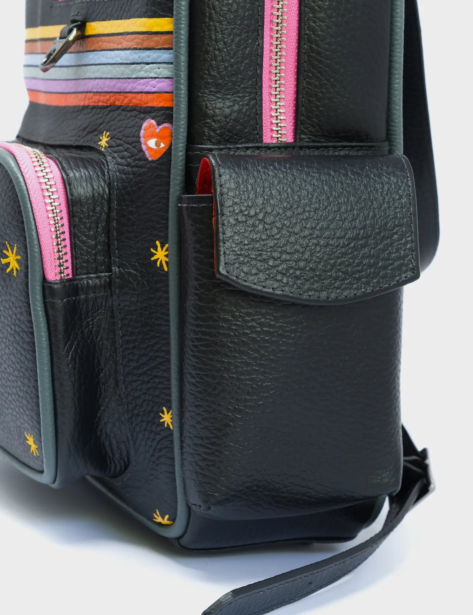 Ilan Black Leather Backpack - Happy Tiger Design - Pocket View