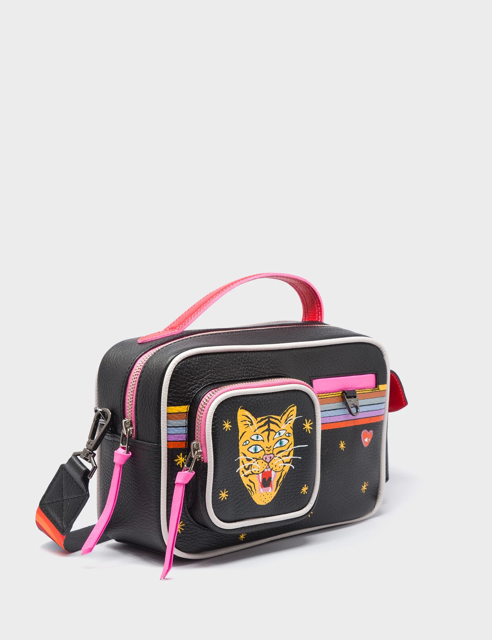 Vinyl Medium Black Crossbody Bag - Happy Tiger Design - Main View