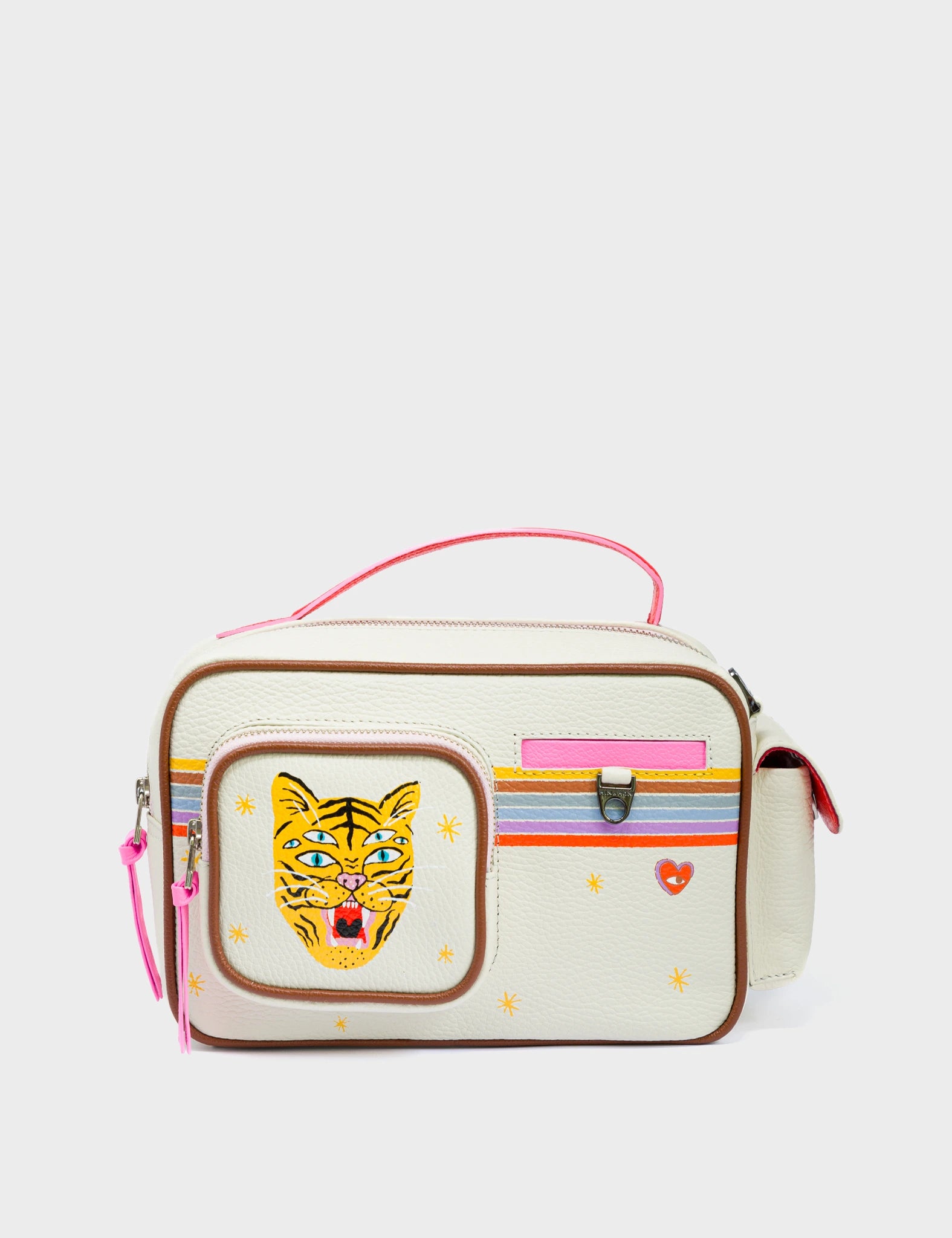 Ilan Radio Medium Cream Crossbody Bag - Happy Tiger Design - Front View