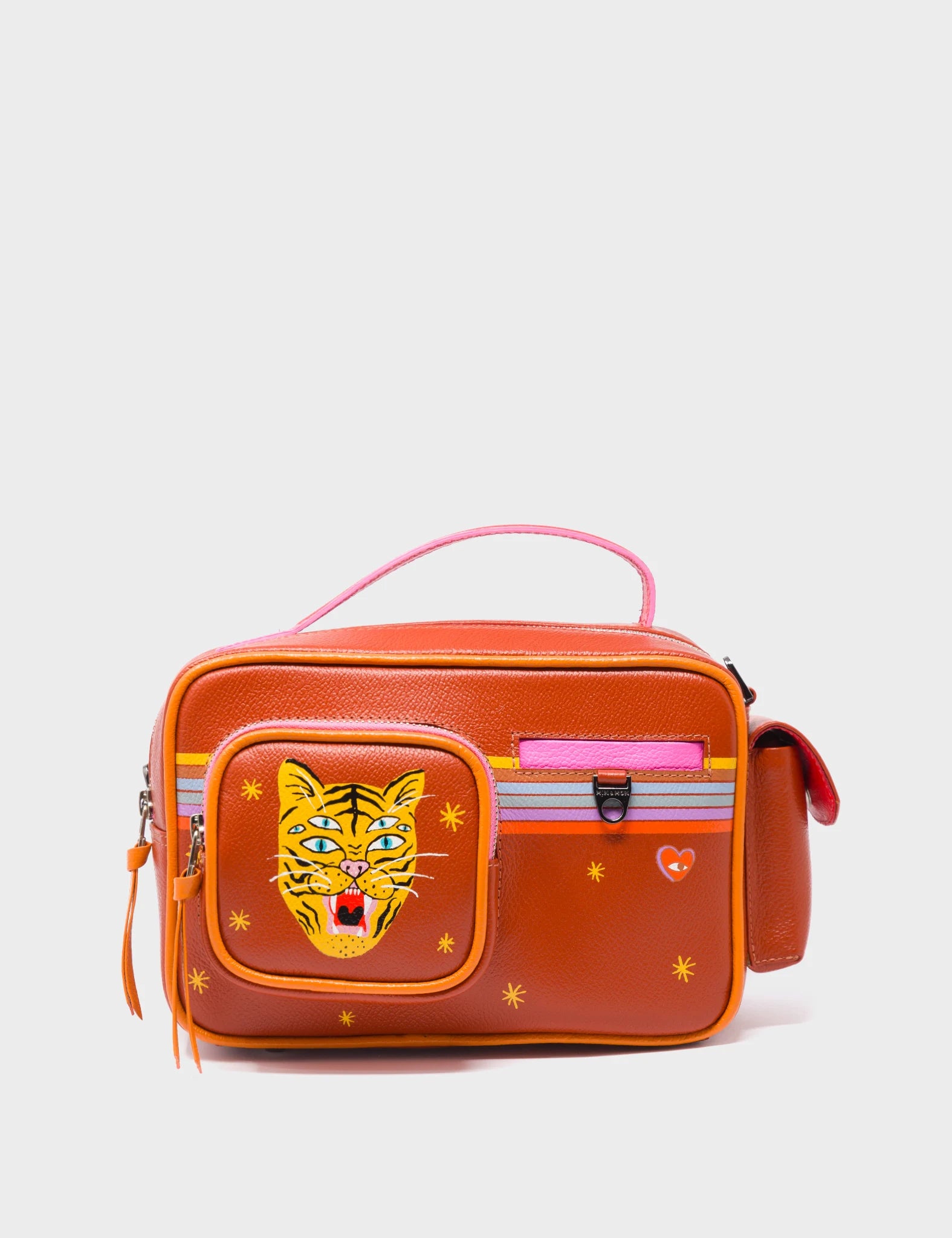 Ilan Radio Medium Cinnamon Crossbody Bag - Happy Tiger Design - Front View