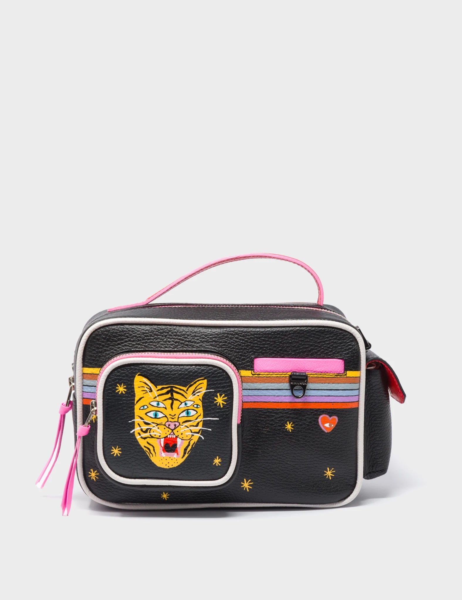 Vinyl Medium Black Crossbody Bag - Happy Tiger Design - Front View