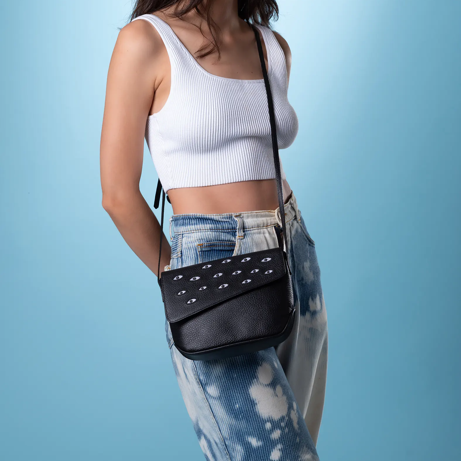 Bruno Mini Crossbody Black Leather Bag - All Over Eyes Embroidery - Model