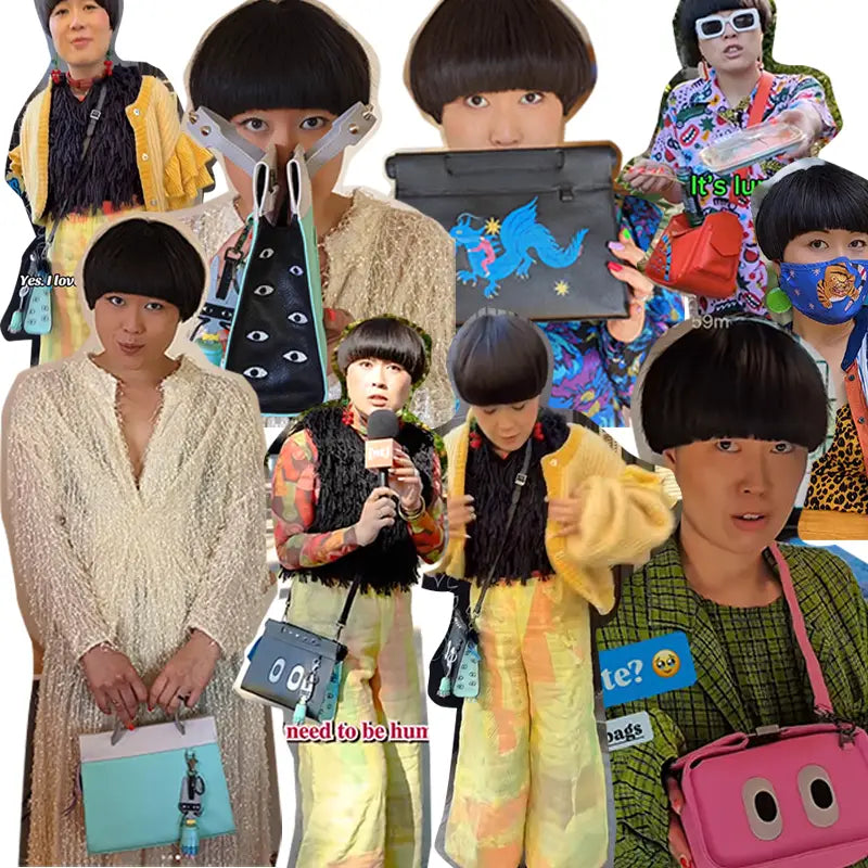 Collage of comedian Atsuko Okatsuka in colorful outfits and playful poses, carrying various Min & Mon handbags featuring signature eyes, bold prints, and whimsical accessories.