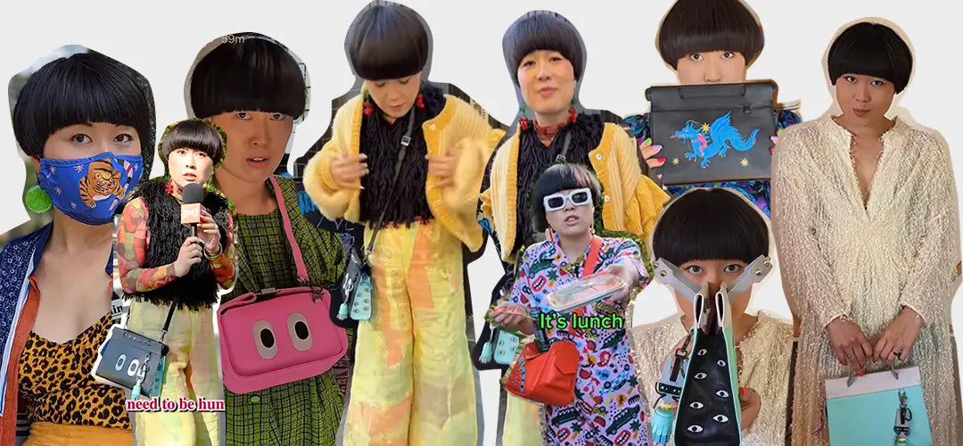 Collage of comedian Atsuko Okatsuka in colorful outfits and playful poses, carrying various Min & Mon handbags featuring signature eyes, bold prints, and whimsical accessories.