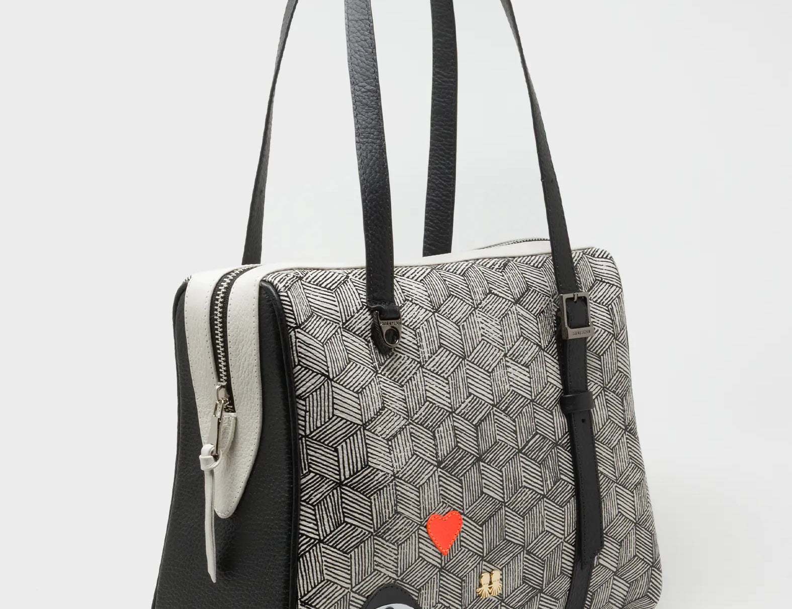 Esther Cream and Black Satchel Bag - Cubes Design - Main View