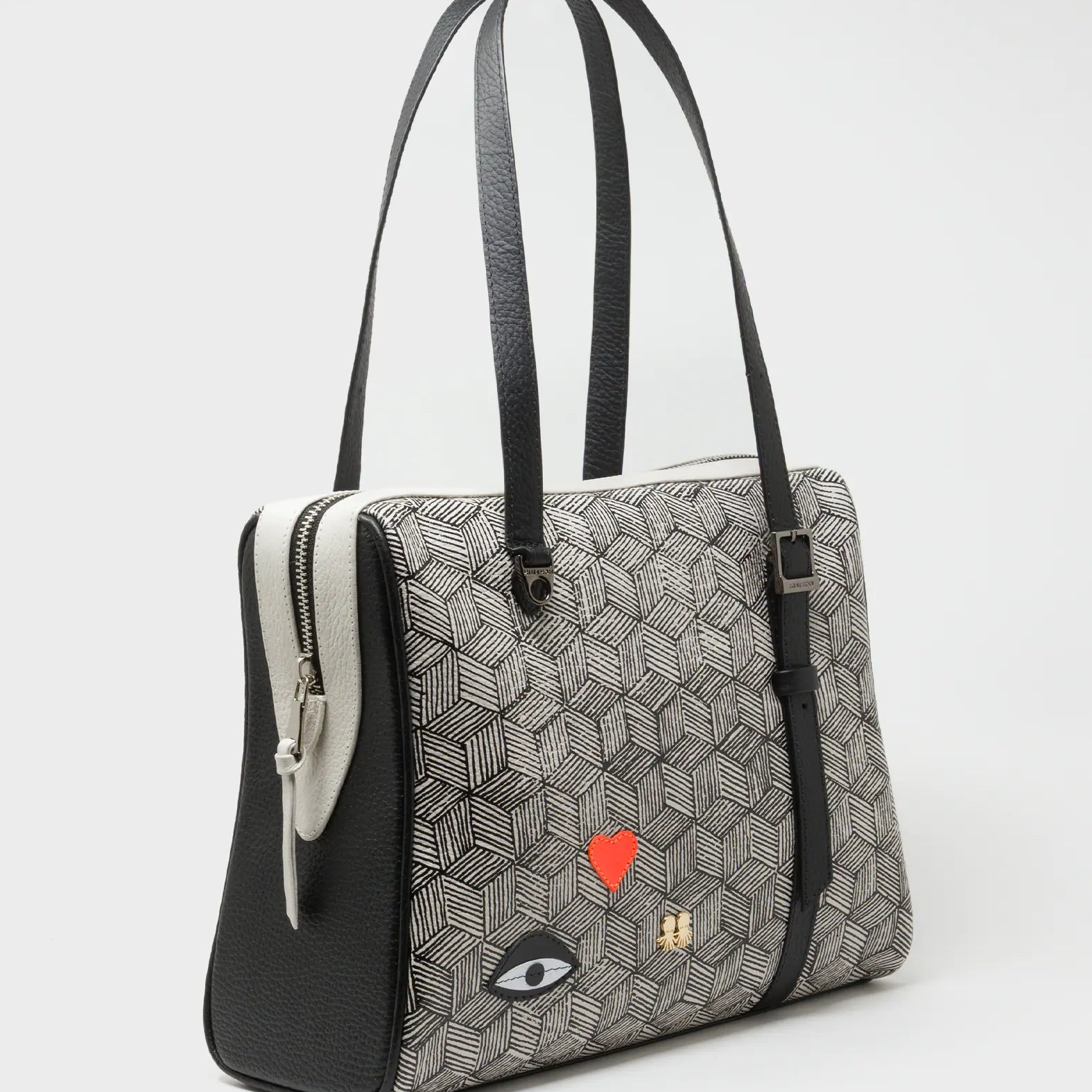 Esther Cream and Black Satchel Bag - Cubes Design - Main View