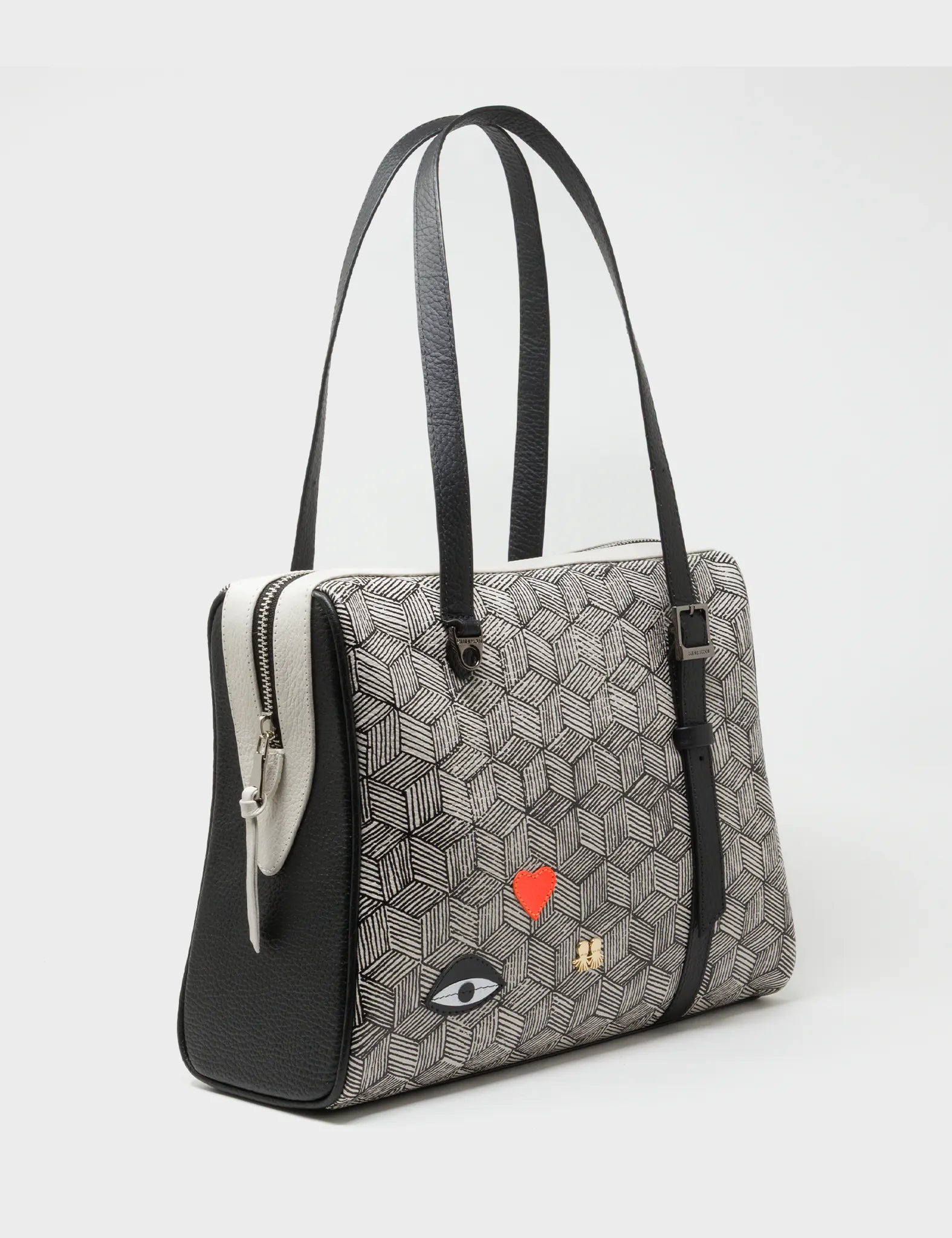 Esther Cream and Black Satchel Bag - Cubes Design - Main View
