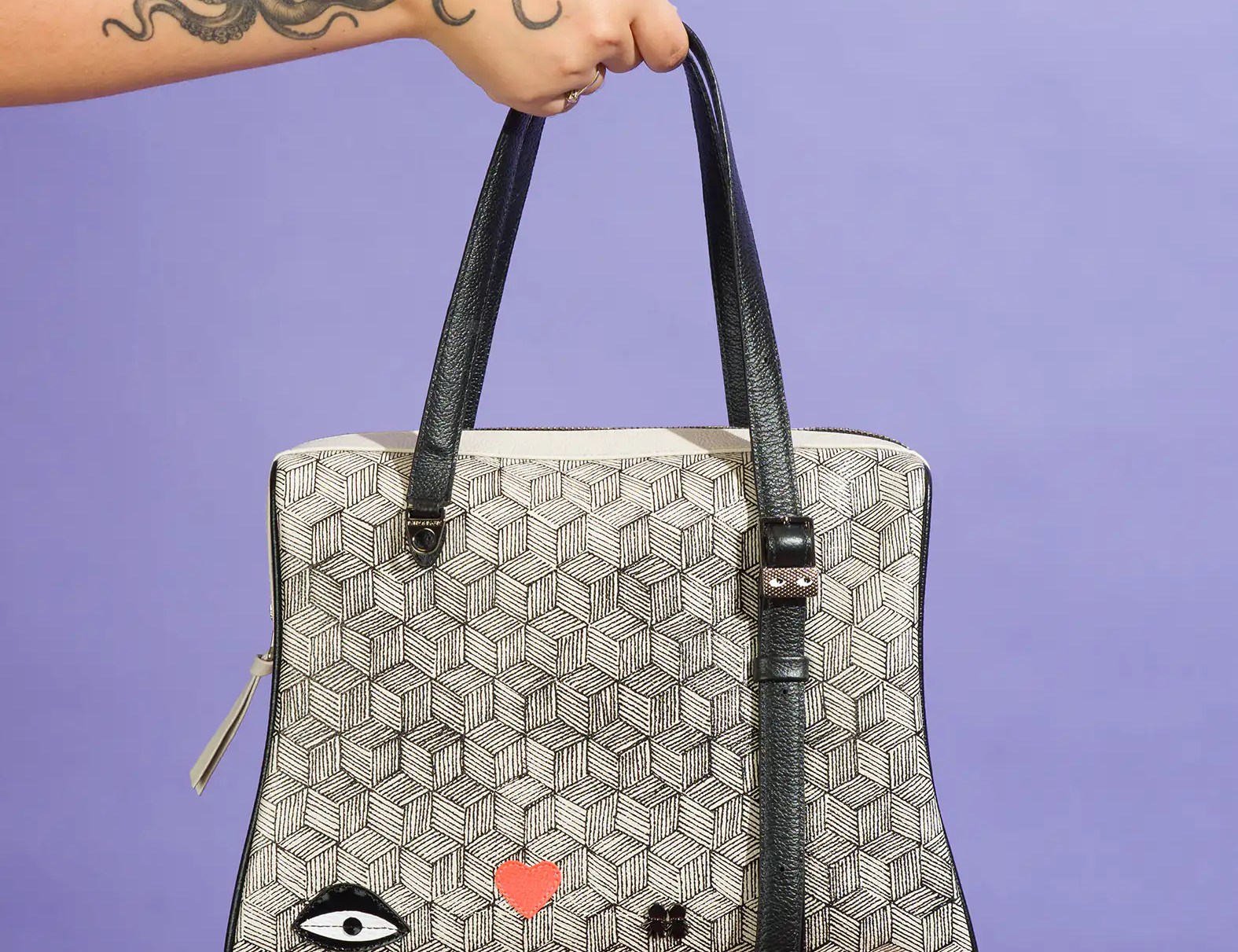 Esther Cream and Black Satchel Bag - Cubes Design - Model View