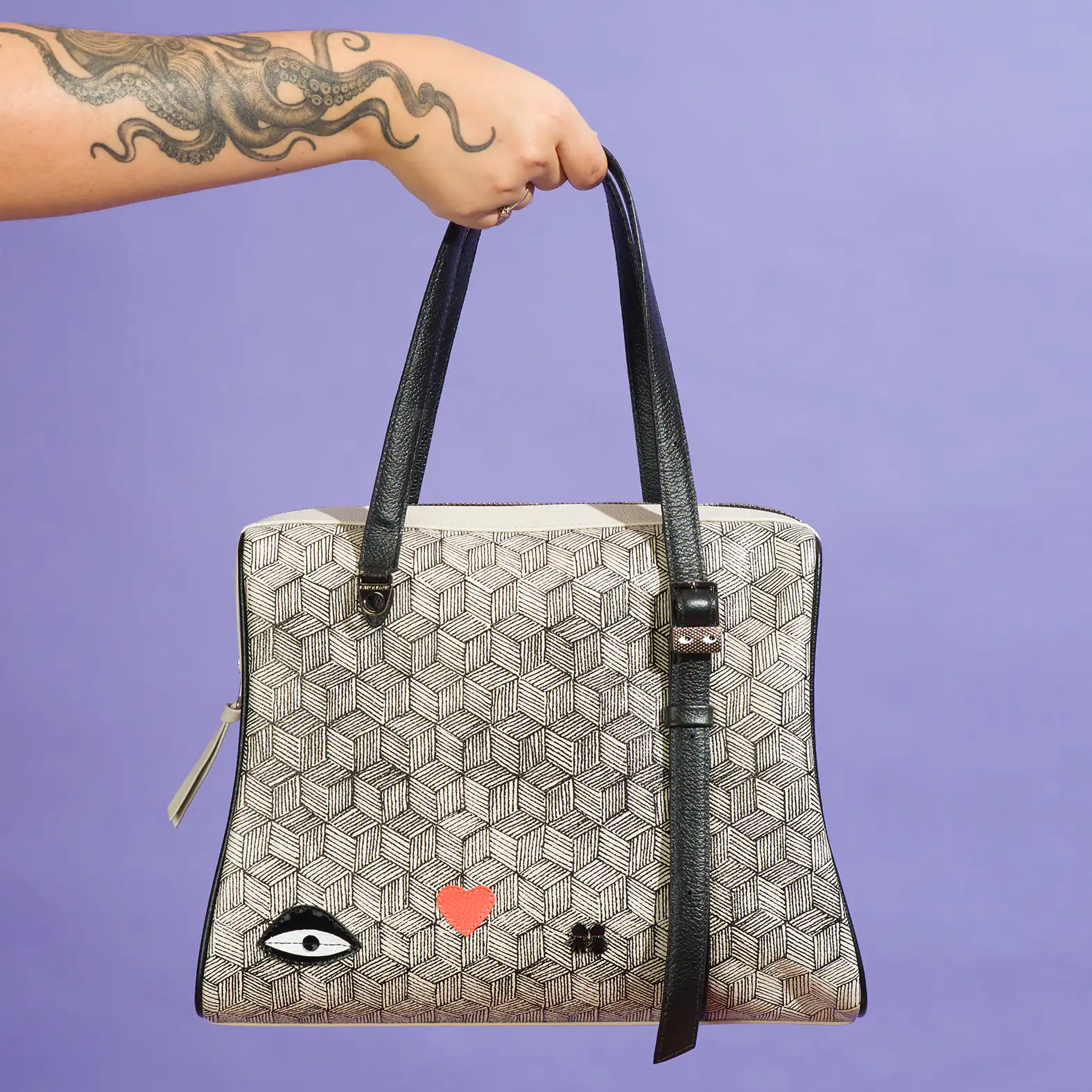 Esther Cream and Black Satchel Bag - Cubes Design - Model View