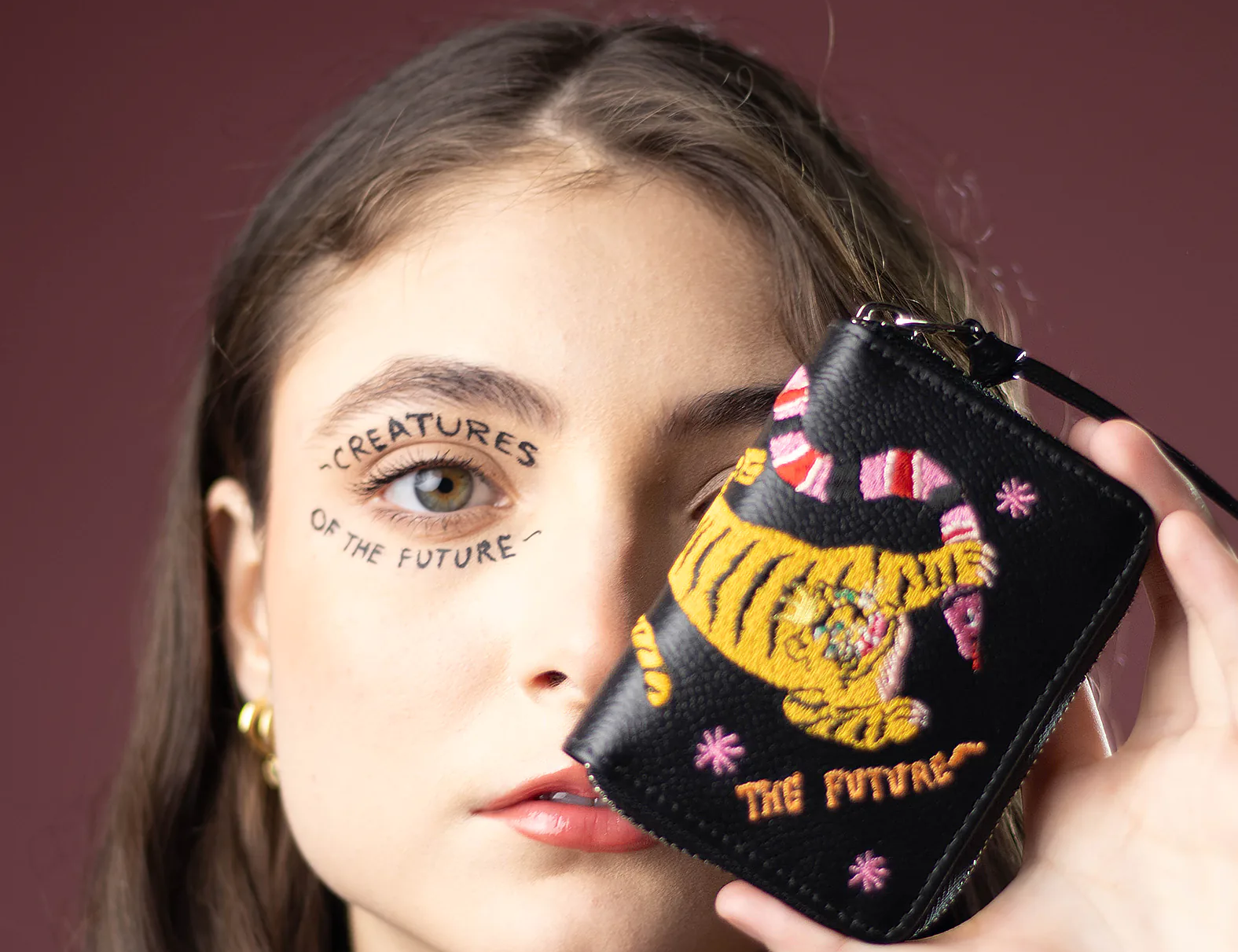 Frodo Black Leather Zip Around Wallet - Tiger and Snake Embroidery - Model
