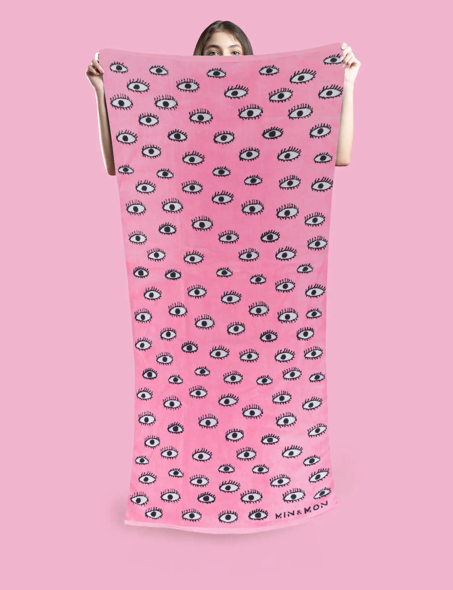 Pink Beach Cotton Towel - All Over Eyes Design - Model View