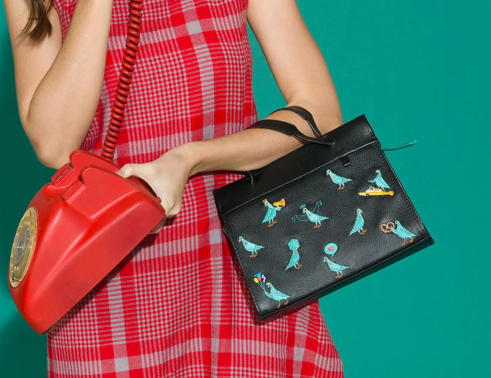Vali Crossbody Small Black Leather Bag - Pigeonista Embroidery - Model View