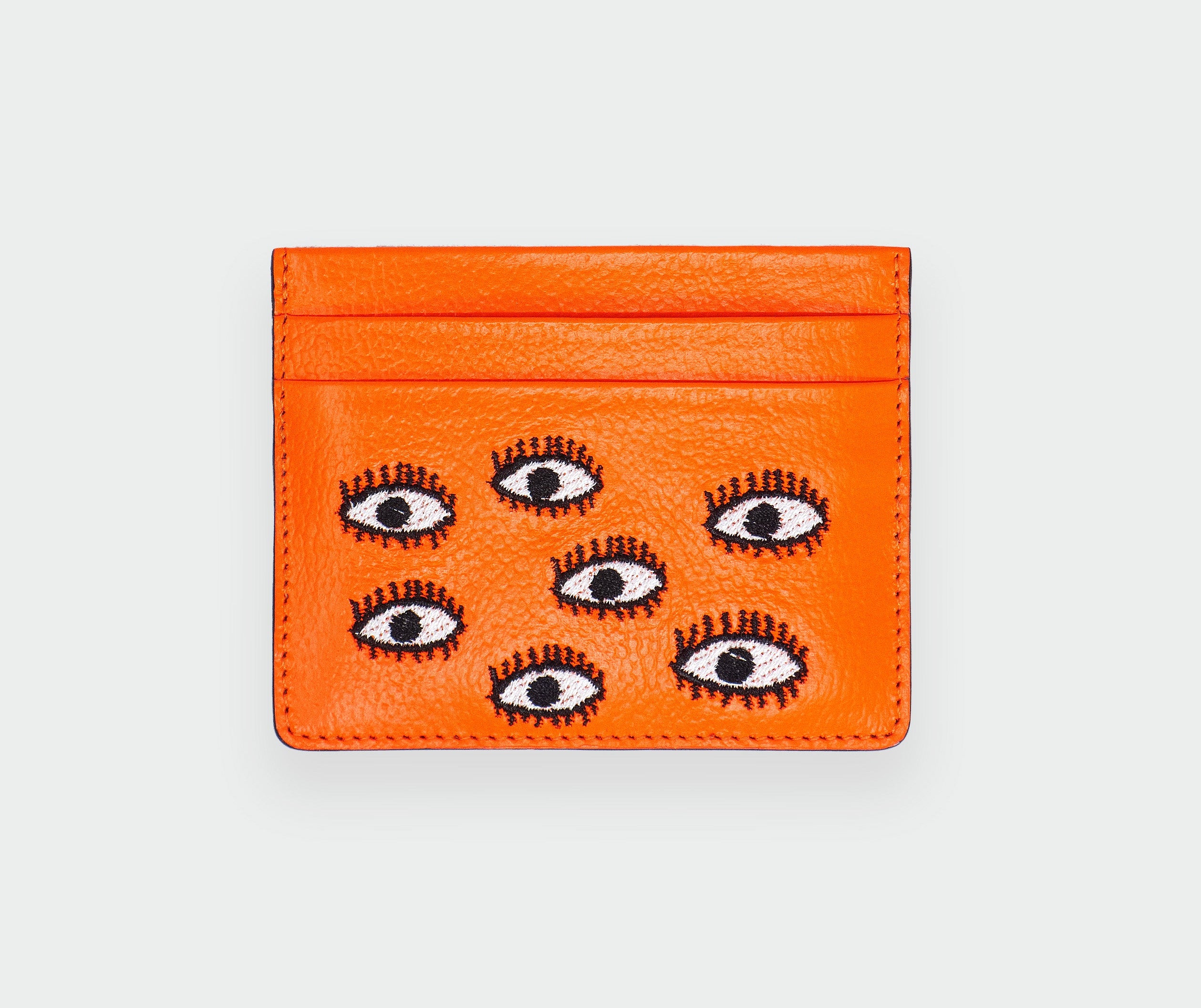 Filium Neon Orange Leather Cardholder - All Over Eyes Embroidery - Detail view