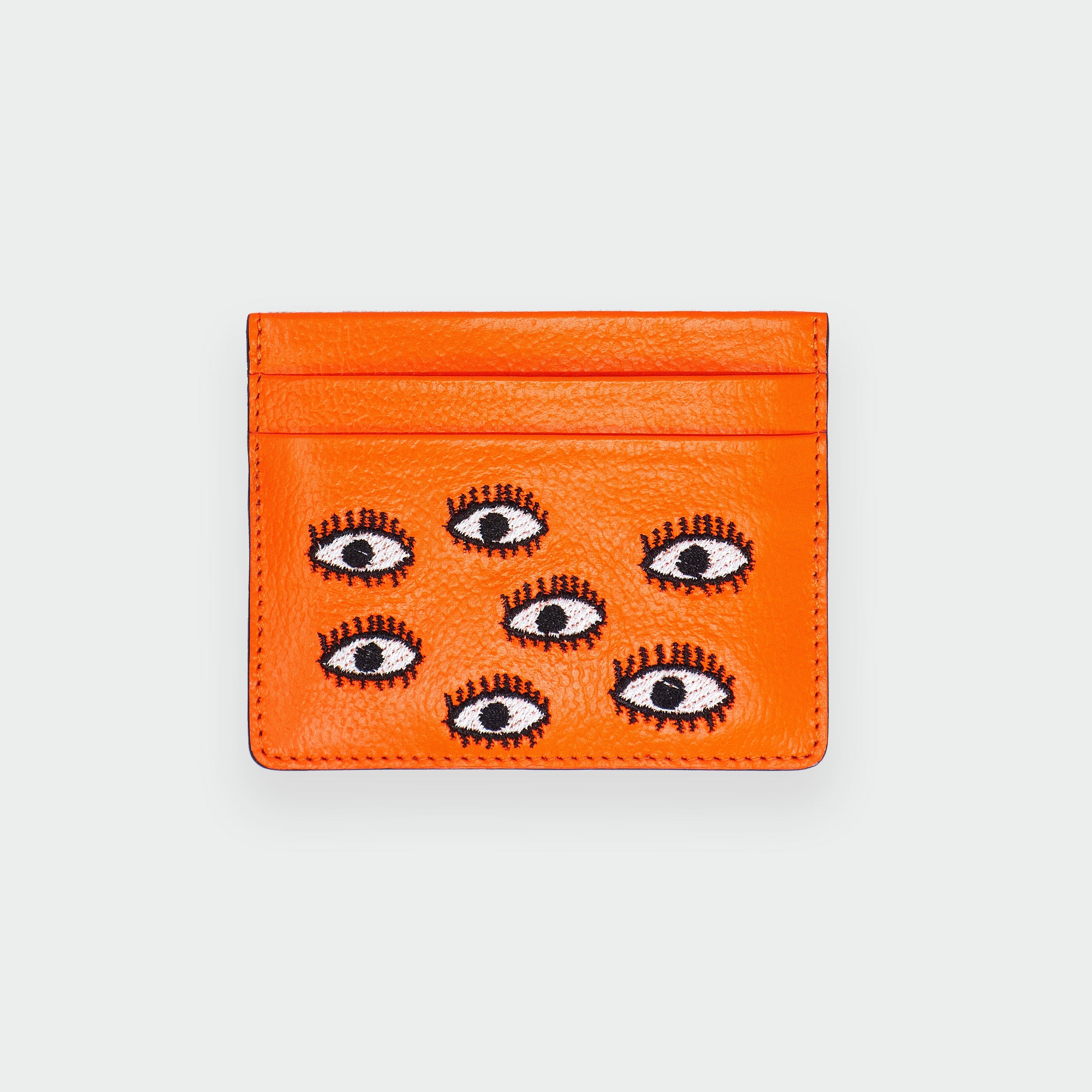Filium Neon Orange Leather Cardholder - All Over Eyes Embroidery - Detail view