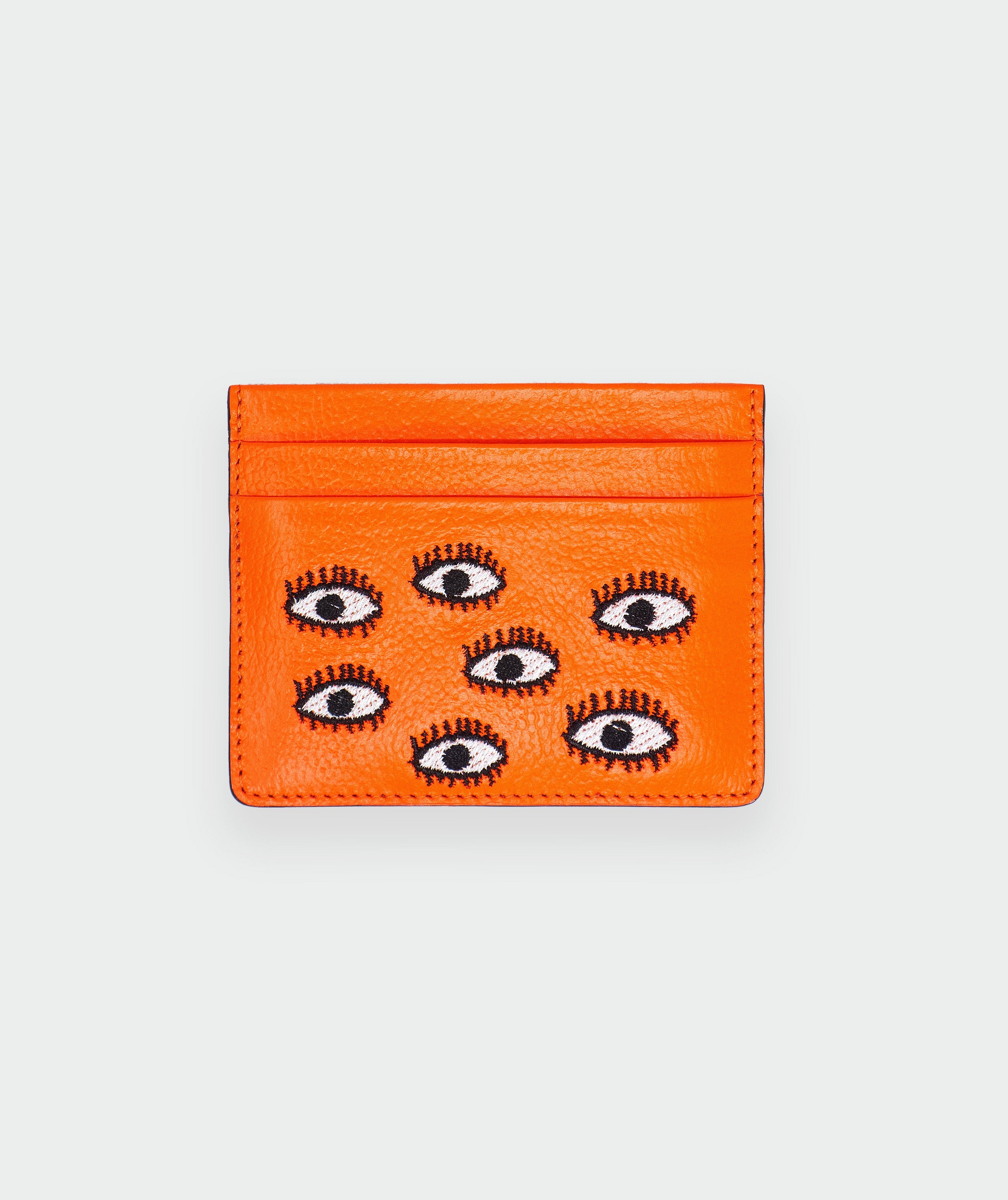 Filium Neon Orange Leather Cardholder - All Over Eyes Embroidery - Detail view