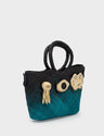 Iraca Basket Bag - Black and blue ombre - Figurines Appliqué - Front corner angle view