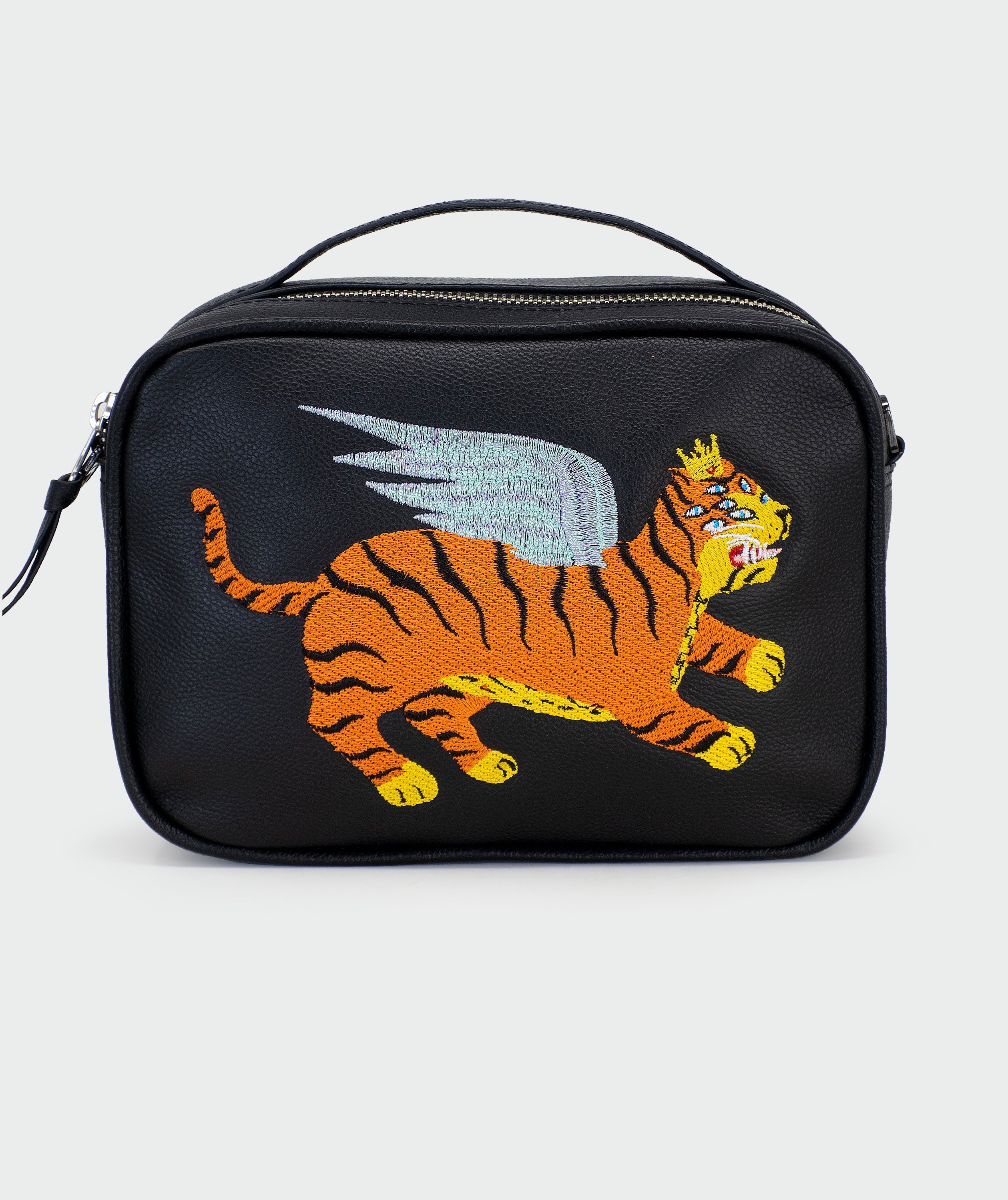 Black Leather Box Bag: Tiger Wings Embroidery | NYC Slow Fashion - Front