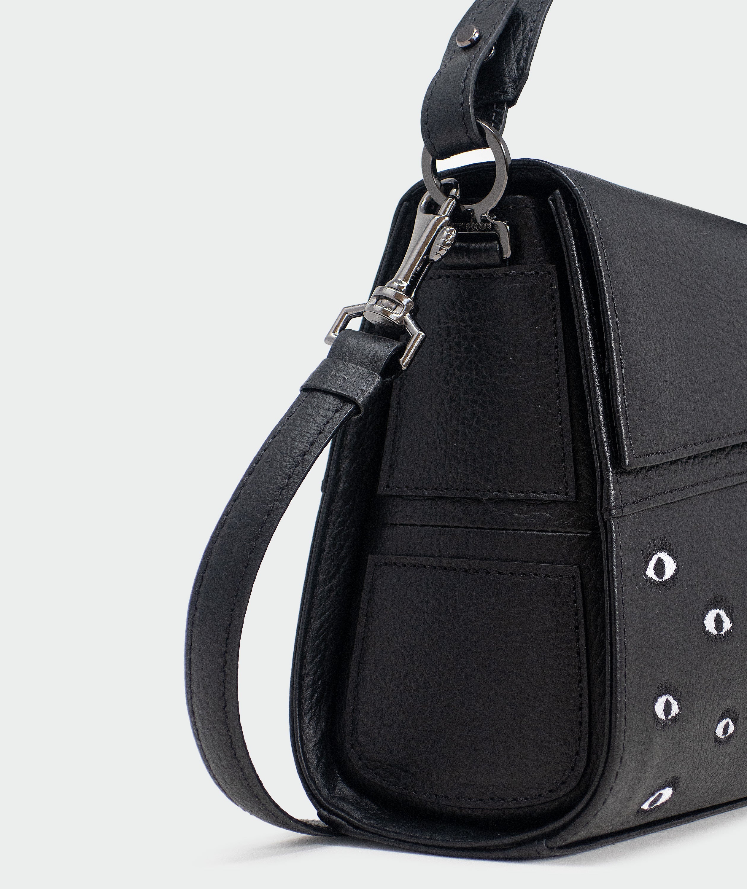 Anastasio Mini Crossbody Handbag Black Leather - All Over Eyes Embroidery - Side view