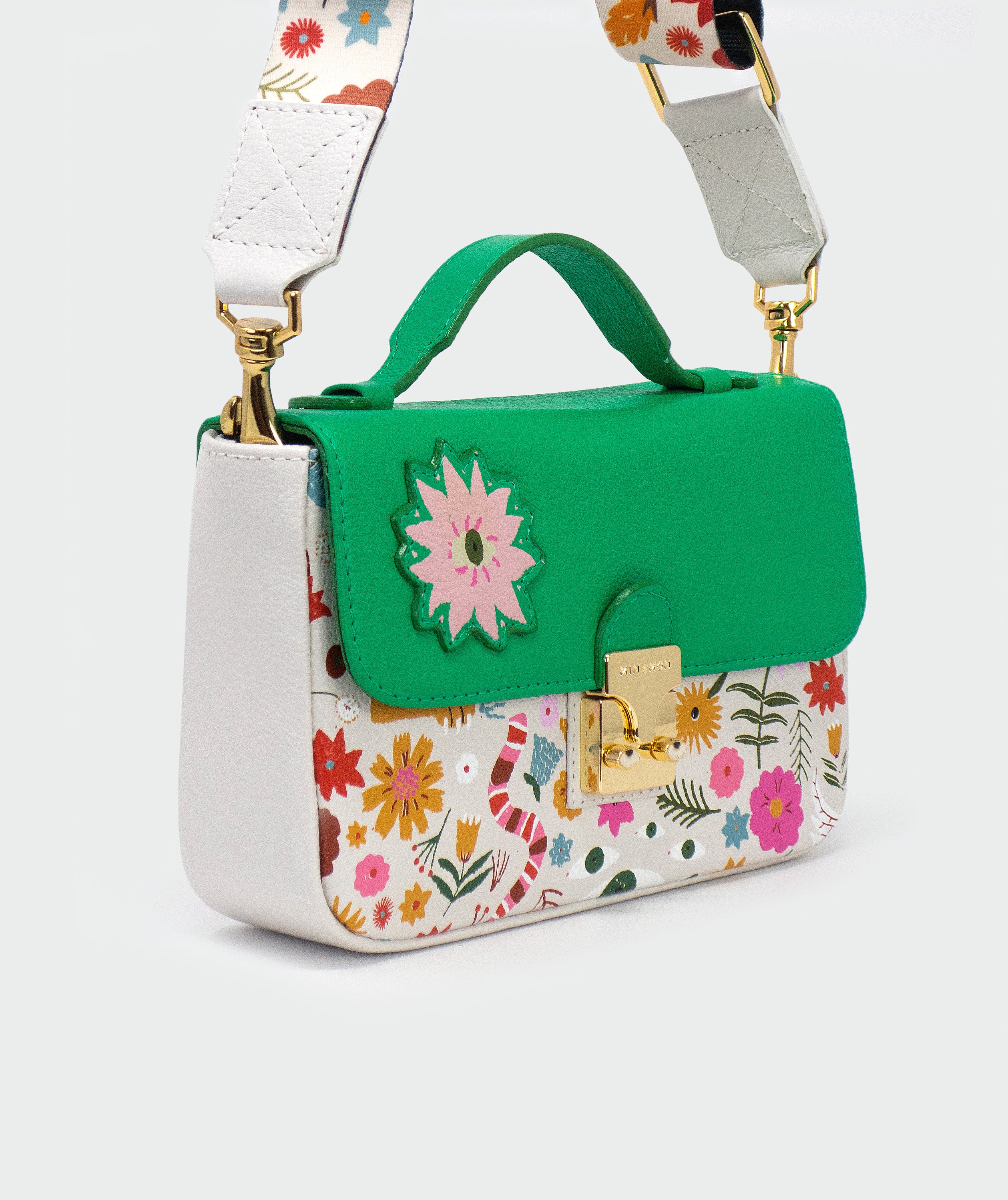 Amantis Crossbody Handbag - Cream, mint green - Creatures of the Future - Flowers Print - Side view