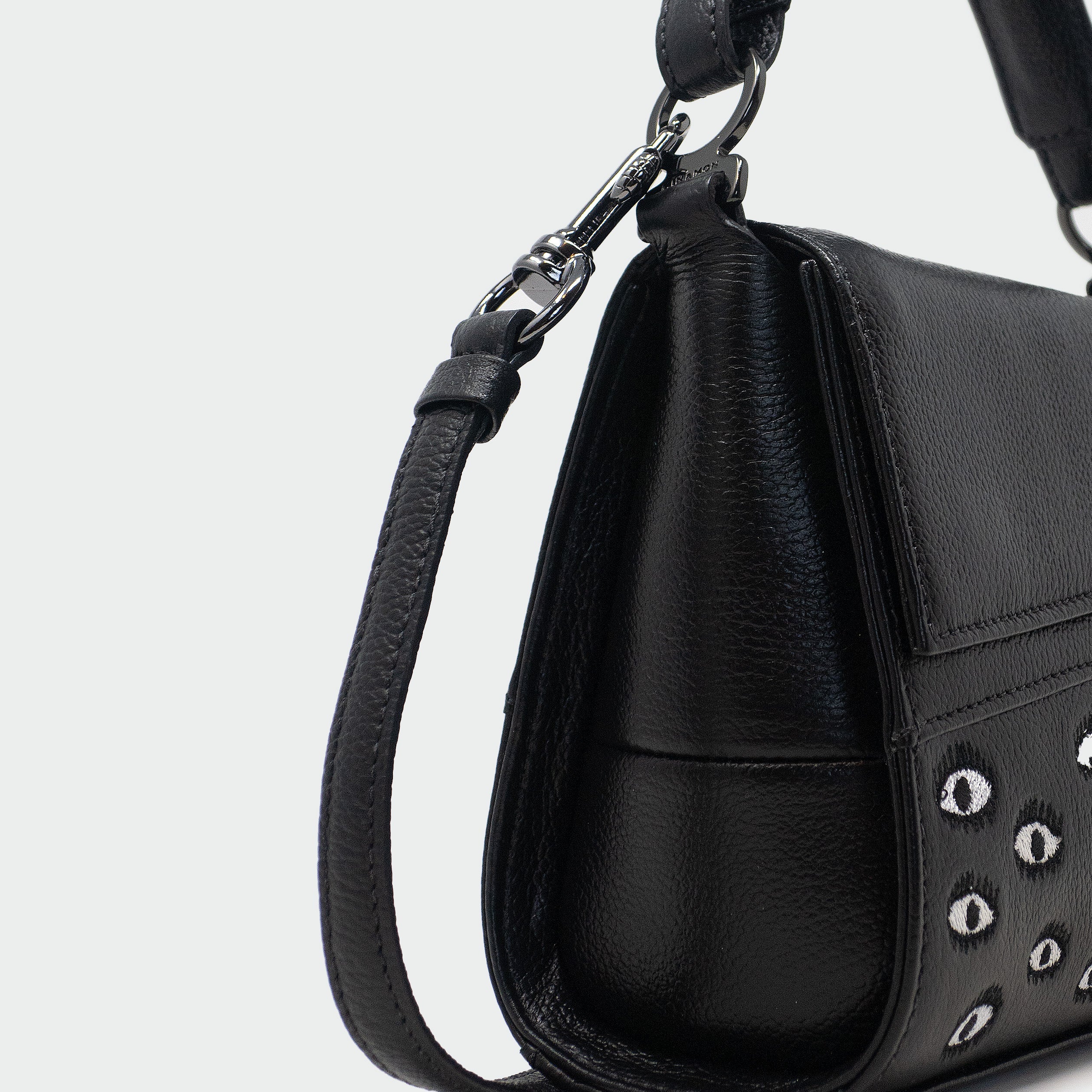Anastasio Micro Crossbody Handbag Black Leather - Eyes Embroidery Print -  Side view