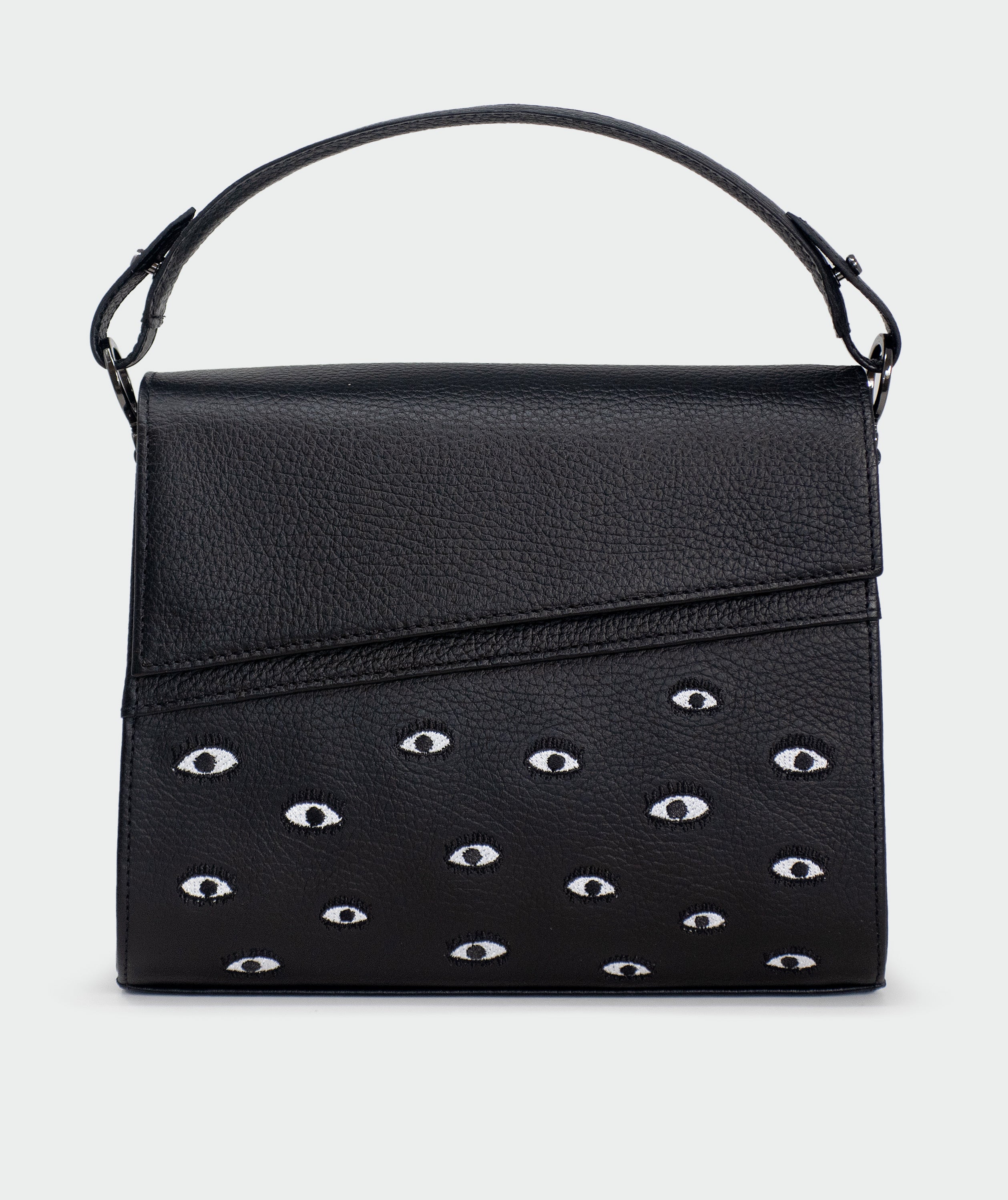 Anastasio Mini Crossbody Handbag Black Leather - All Over Eyes Embroidery - Front view