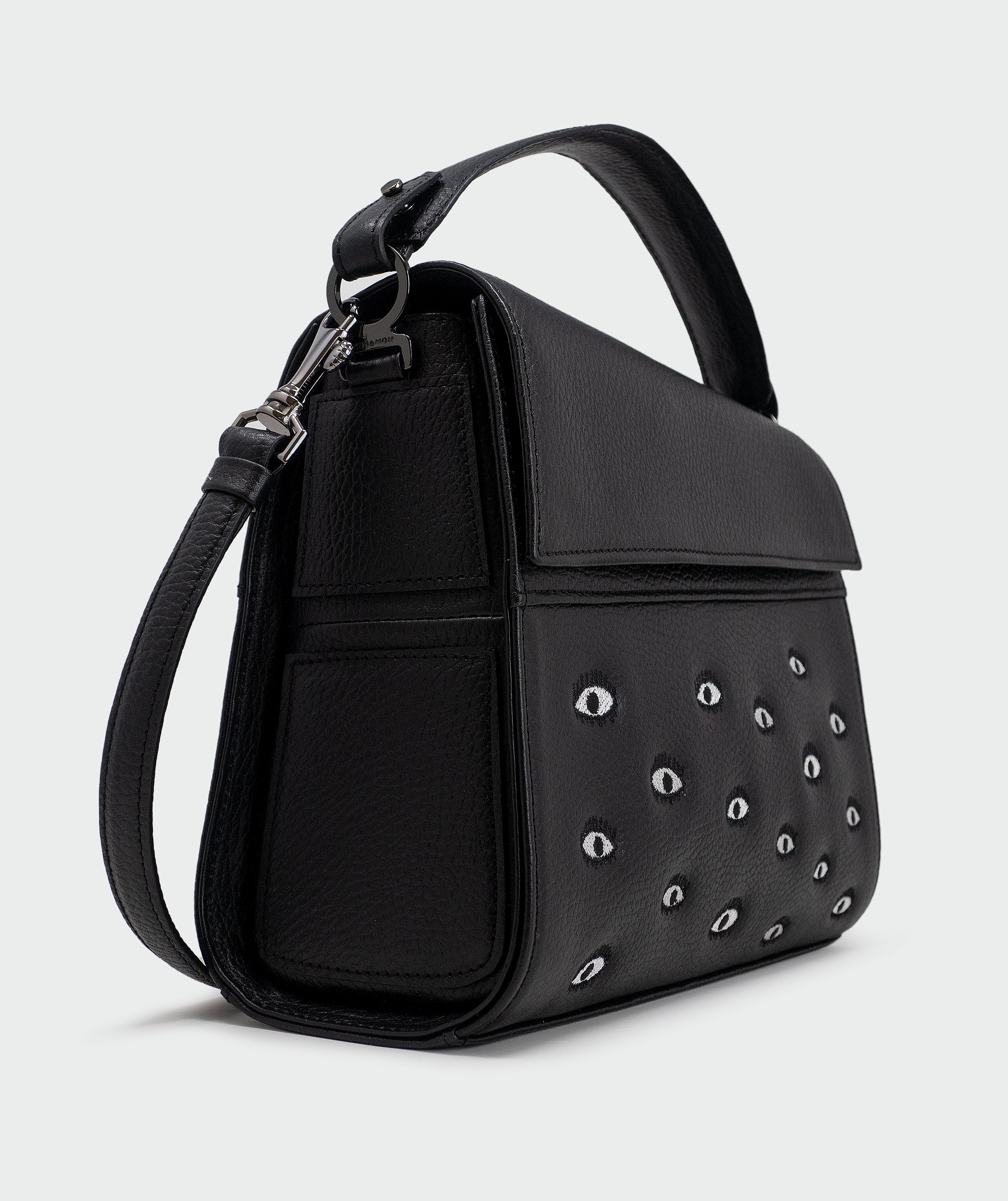 Anastasio Medium Crossbody Handbag Black Leather - Eyes Embroidery - Side view