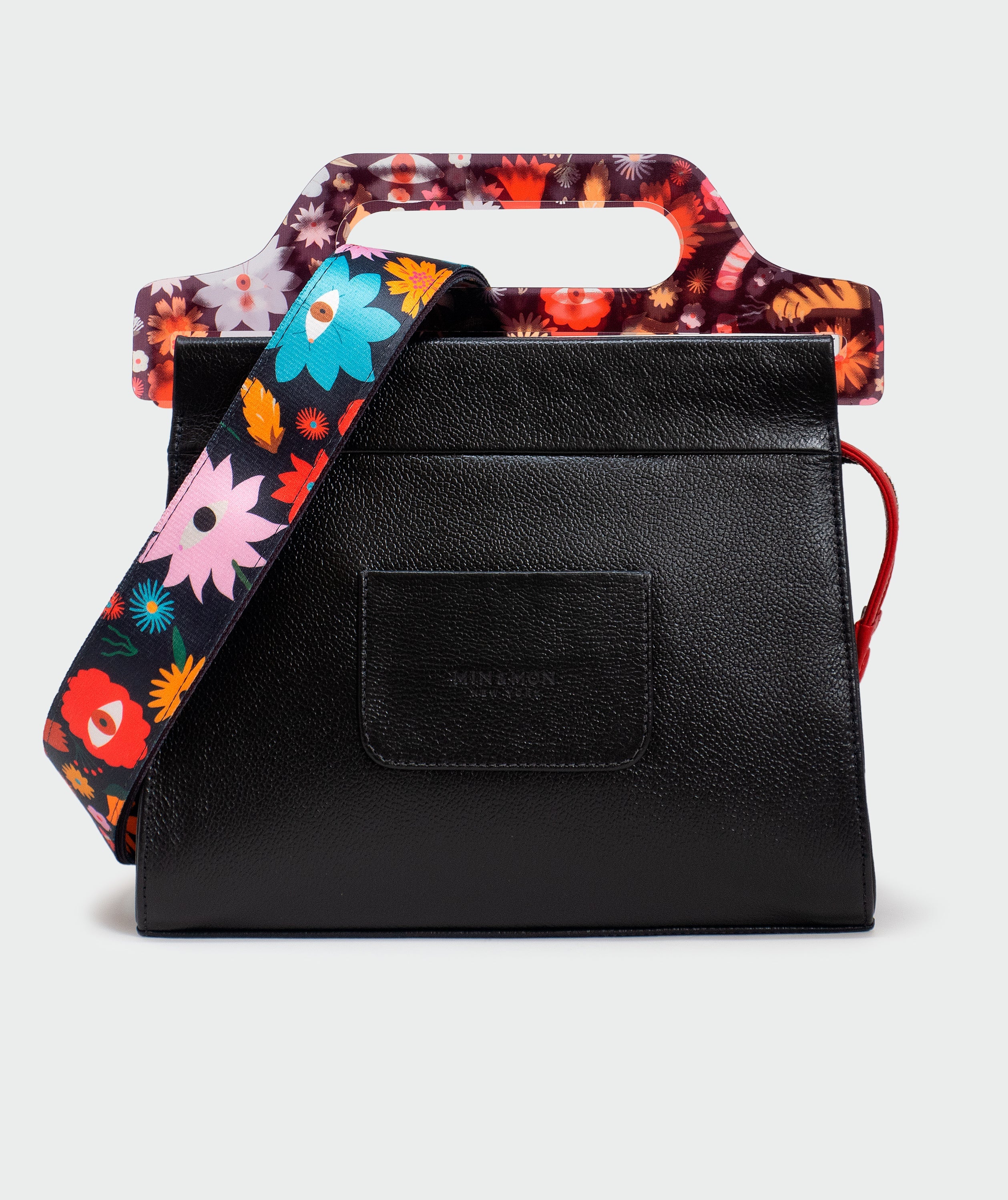 Vali Black Leather Crossbody Handbag Plastic Handle - Tiger And Snake Print - Back view