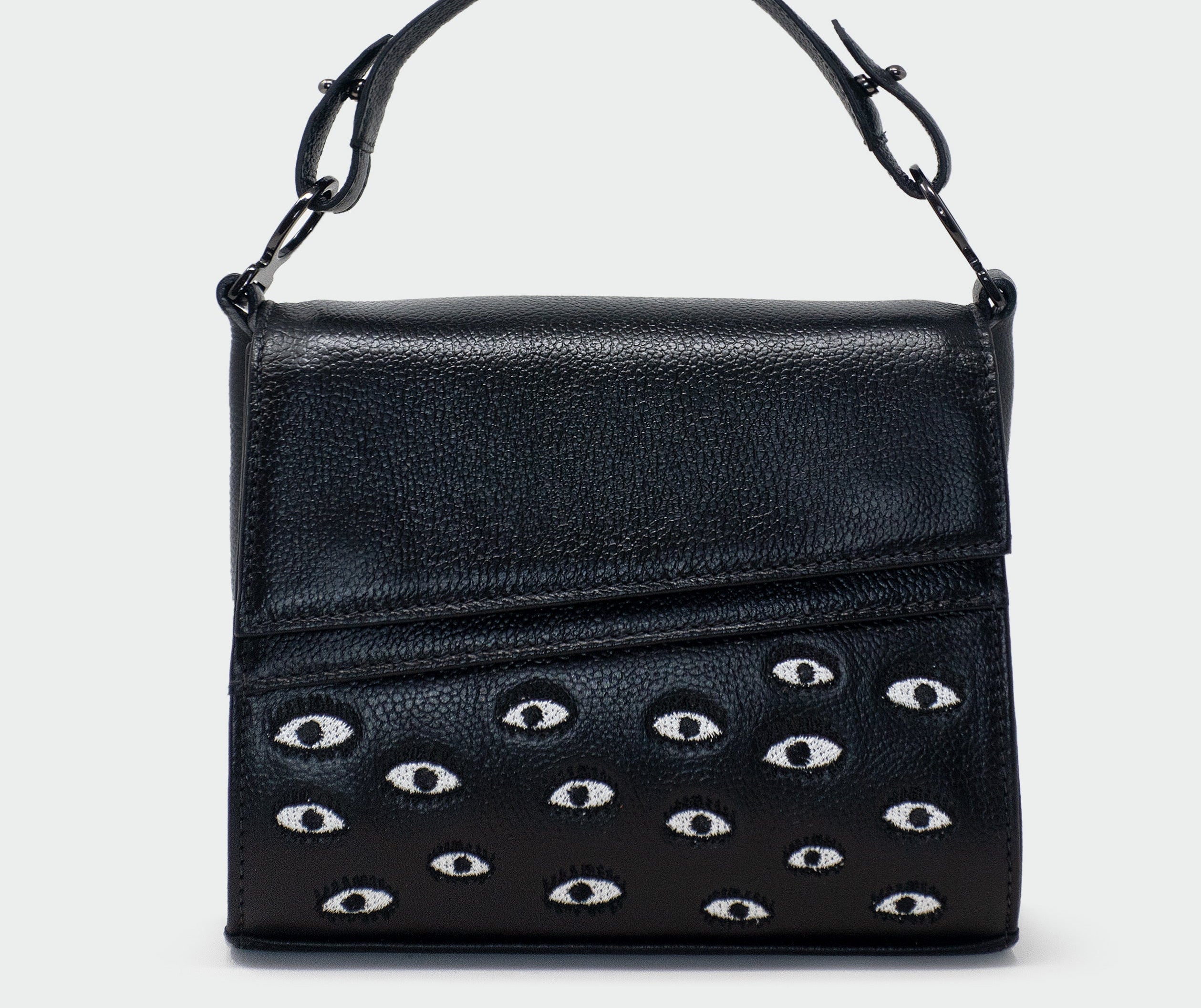 Anastasio Micro Crossbody Handbag Black Leather - Eyes Embroidery Print - Front view