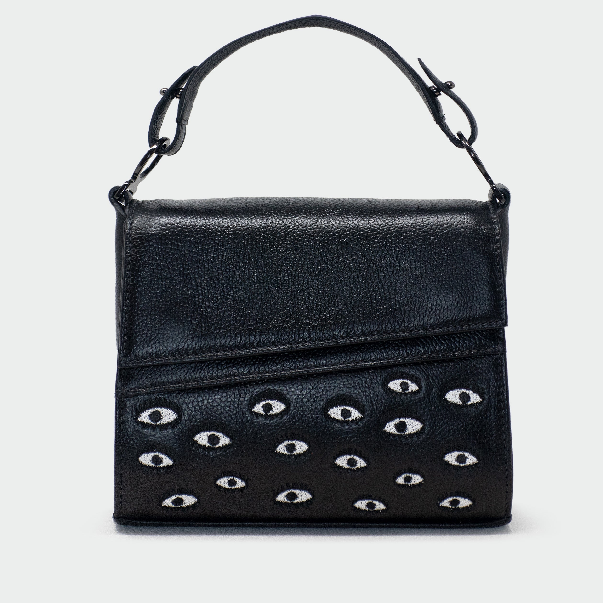 Anastasio Micro Crossbody Handbag Black Leather - Eyes Embroidery Print - Front view