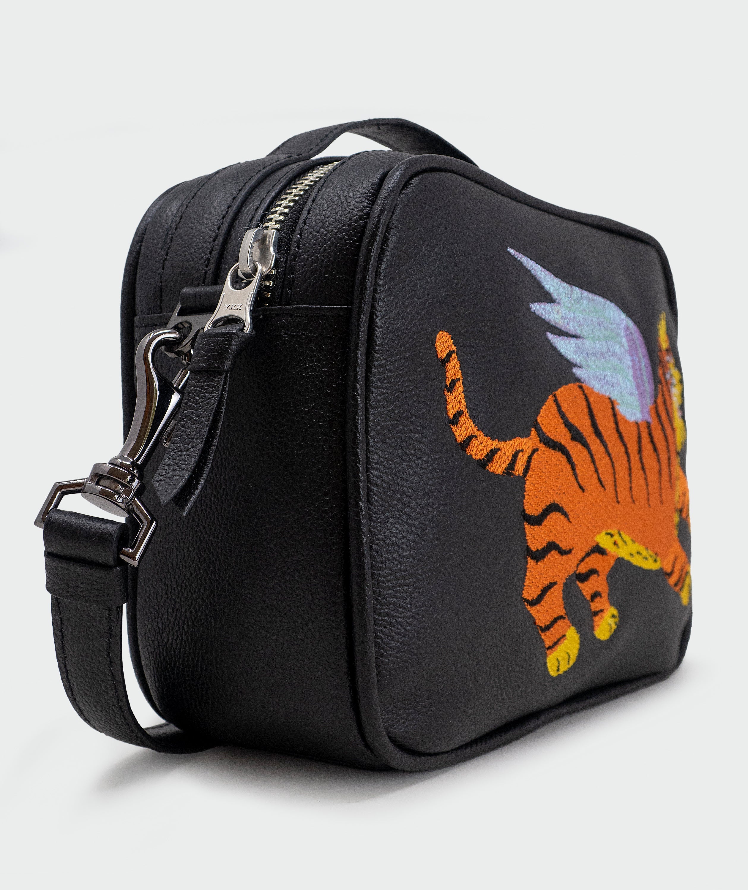 Black Leather Box Bag: Tiger Wings Embroidery | NYC Slow Fashion 