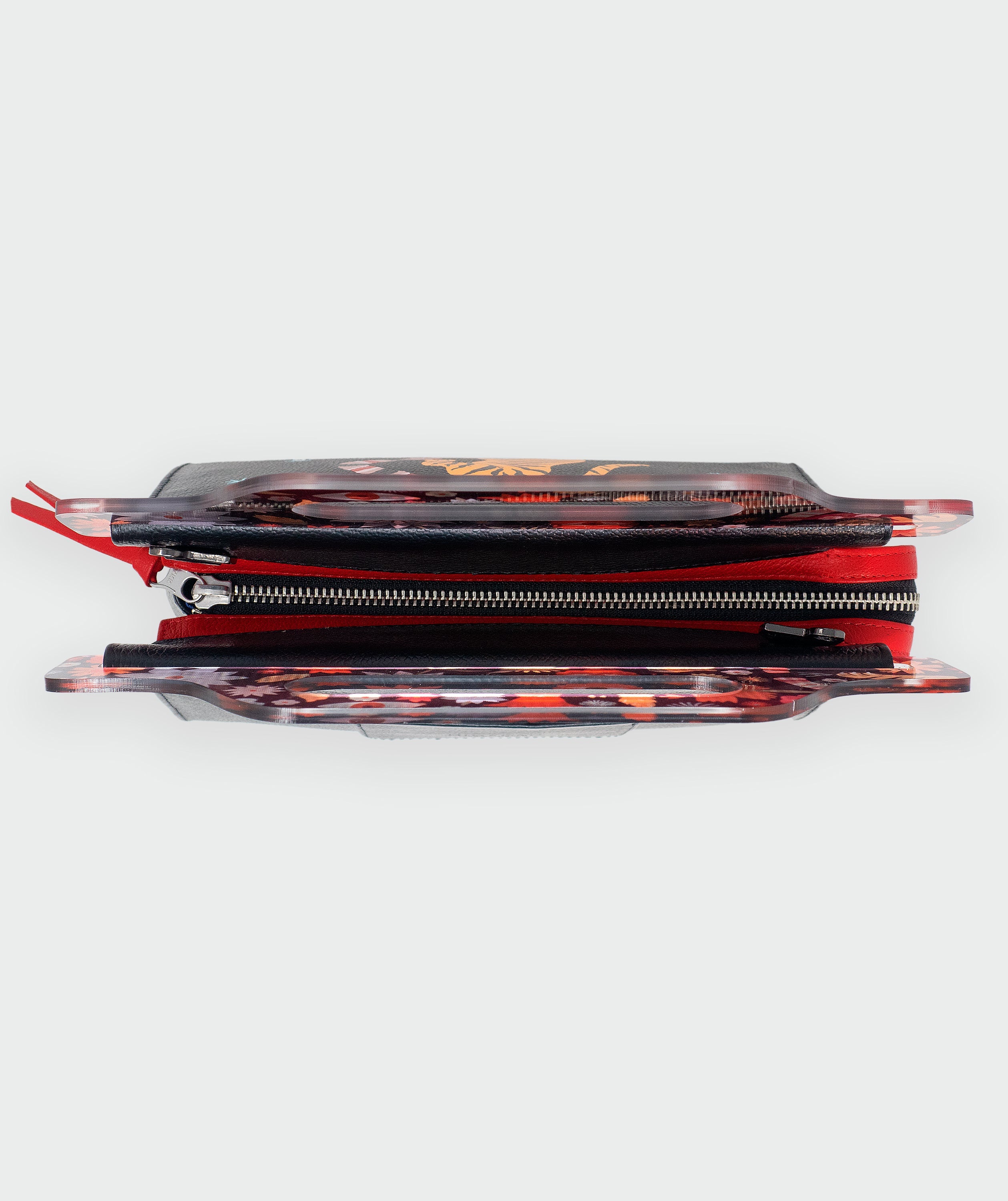 Vali Black Leather Crossbody Handbag Plastic Handle - Tiger And Snake Print - Top view
