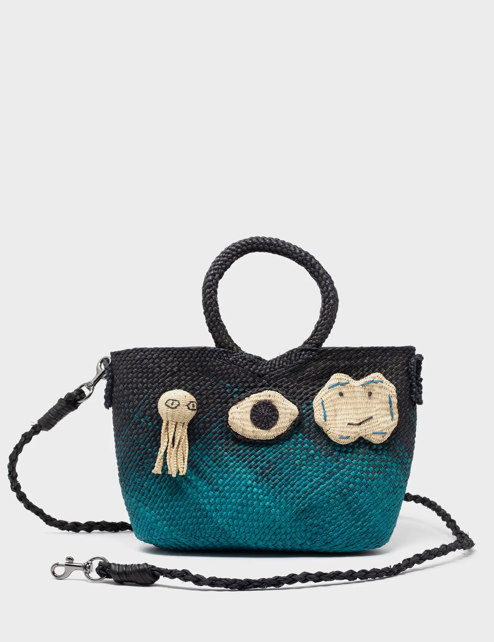 Iraca Basket Bag - Black and blue ombre - Figurines Appliqué - Front view