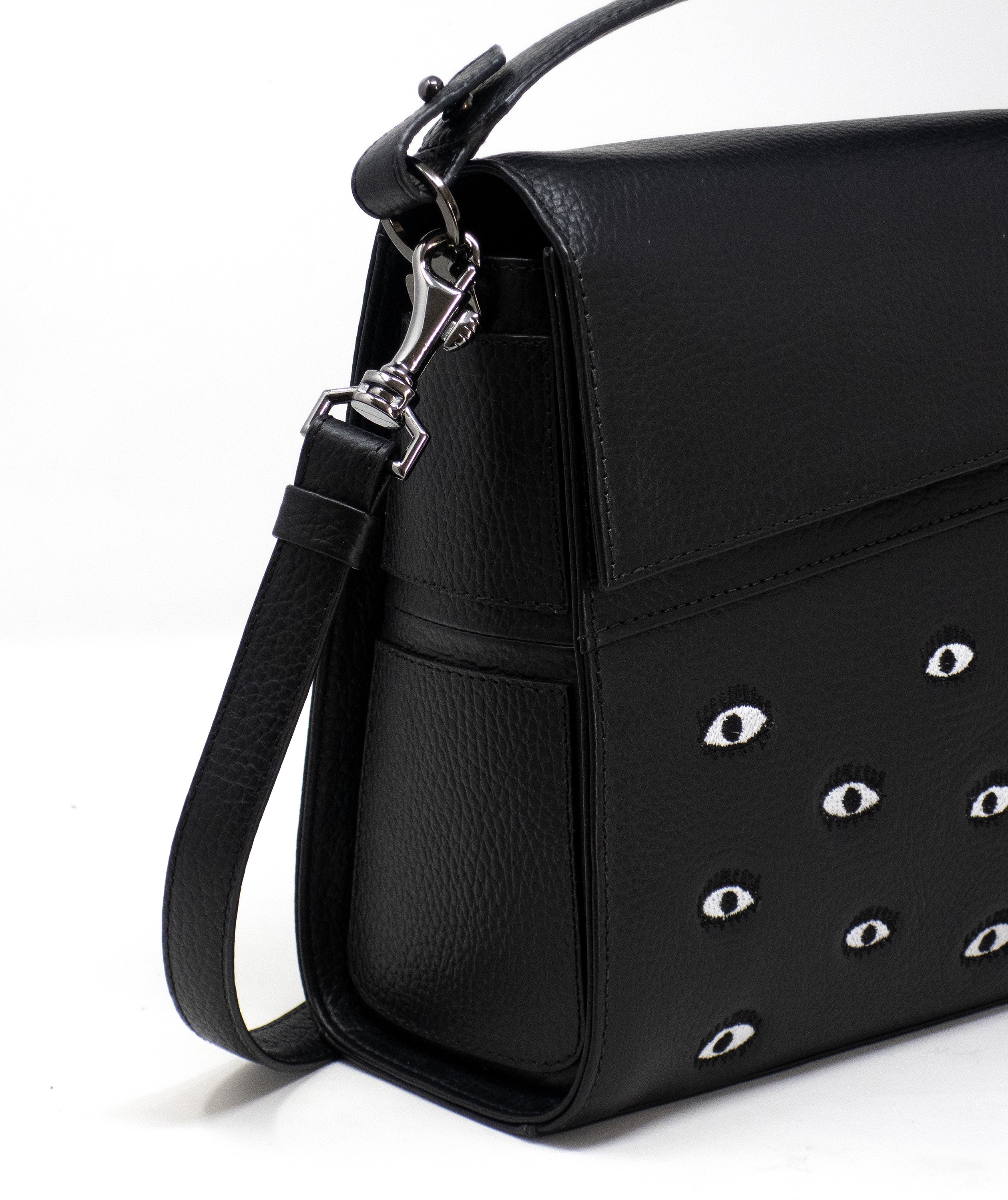 Anastasio Medium Crossbody Handbag Black Leather - Eyes Embroidery - Close up view