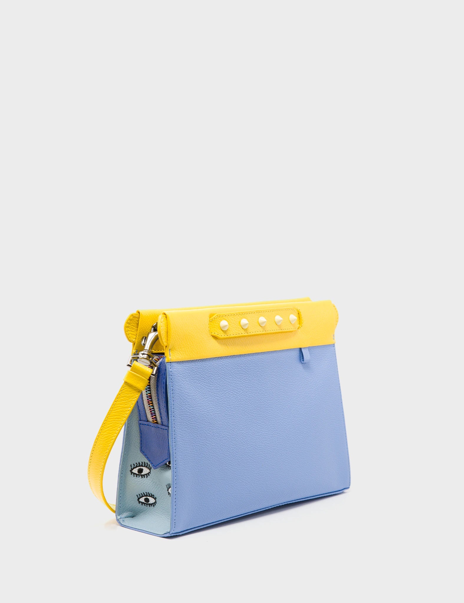 Crossbody Small Blue and Yellow Leather Bag - Eyes Embroidery