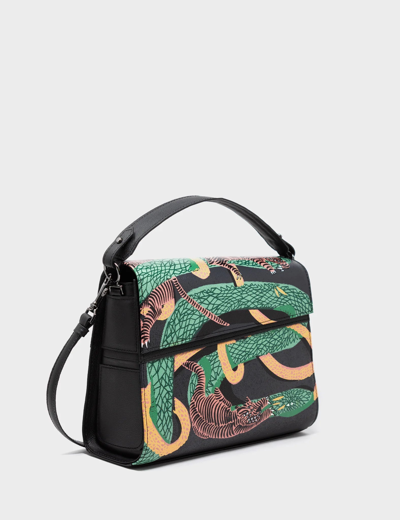 Medium Crossbody Handbag Black Leather - Tiger And Snake Print - Front corner angle view