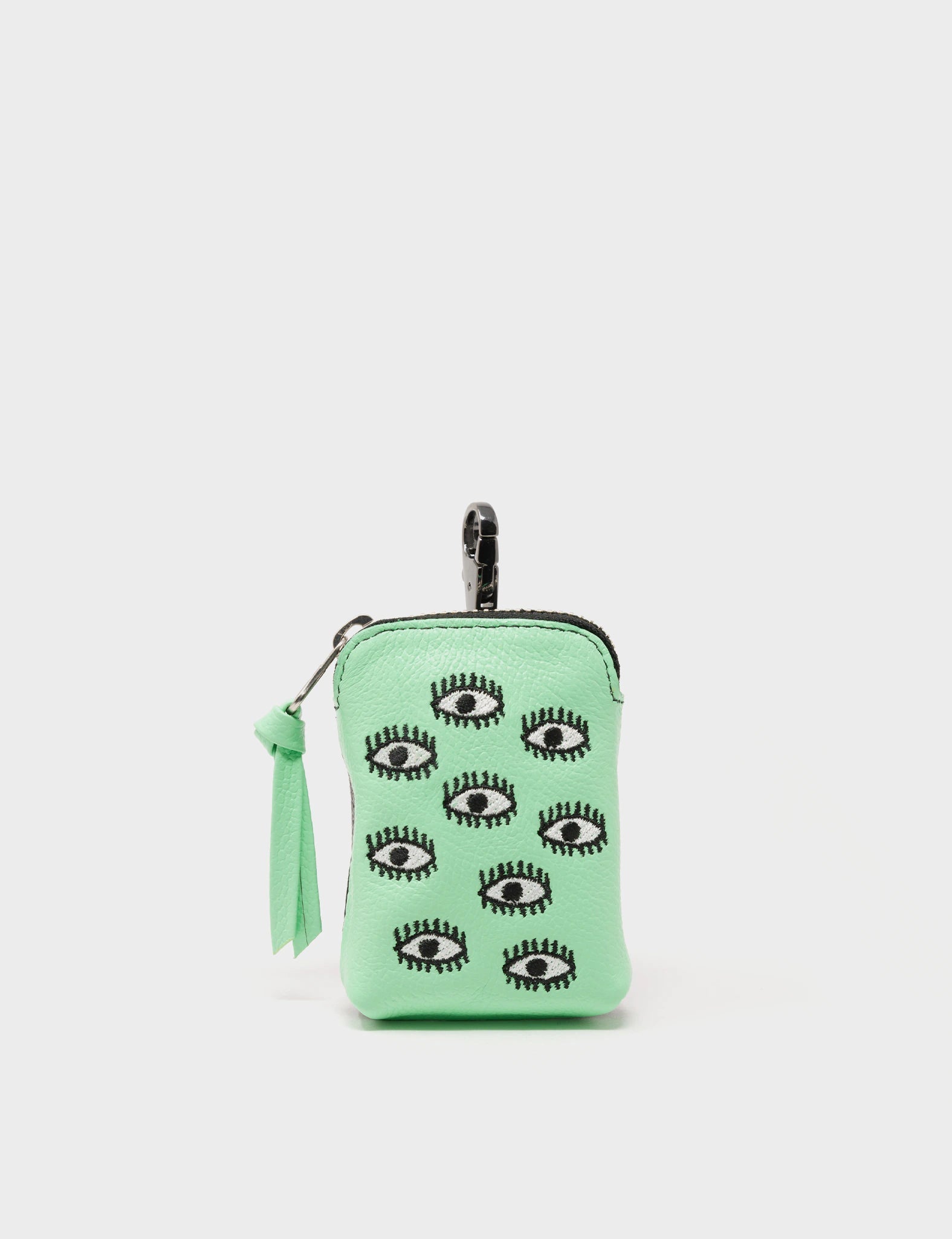 Florence Pouch Charm - Ash Green Leather Keychain Eyes Embroidery