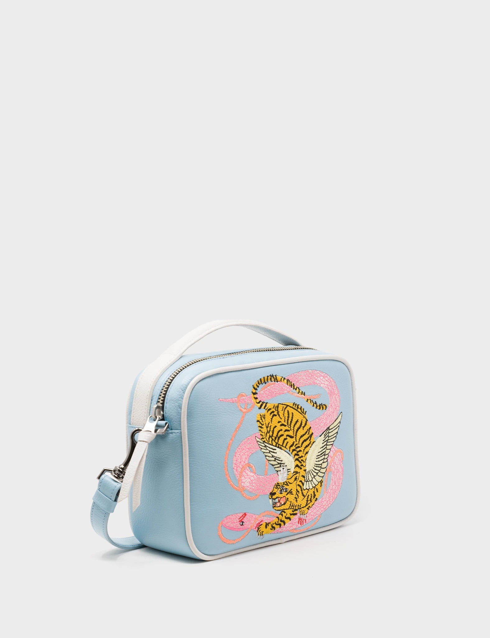 Stratosphere Blue Leather Crossbody Handbag - Tiger and Snake Embroidery